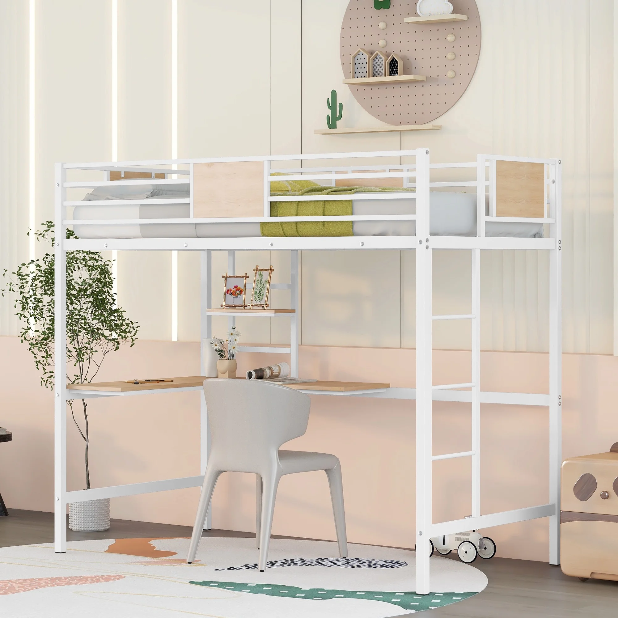 Bellemave Twin Metal Loft Bed with L-Shape Desk and Shelve,Sturdy Metal Loft Bed Frame with Guardrail for Kids,Teens,White