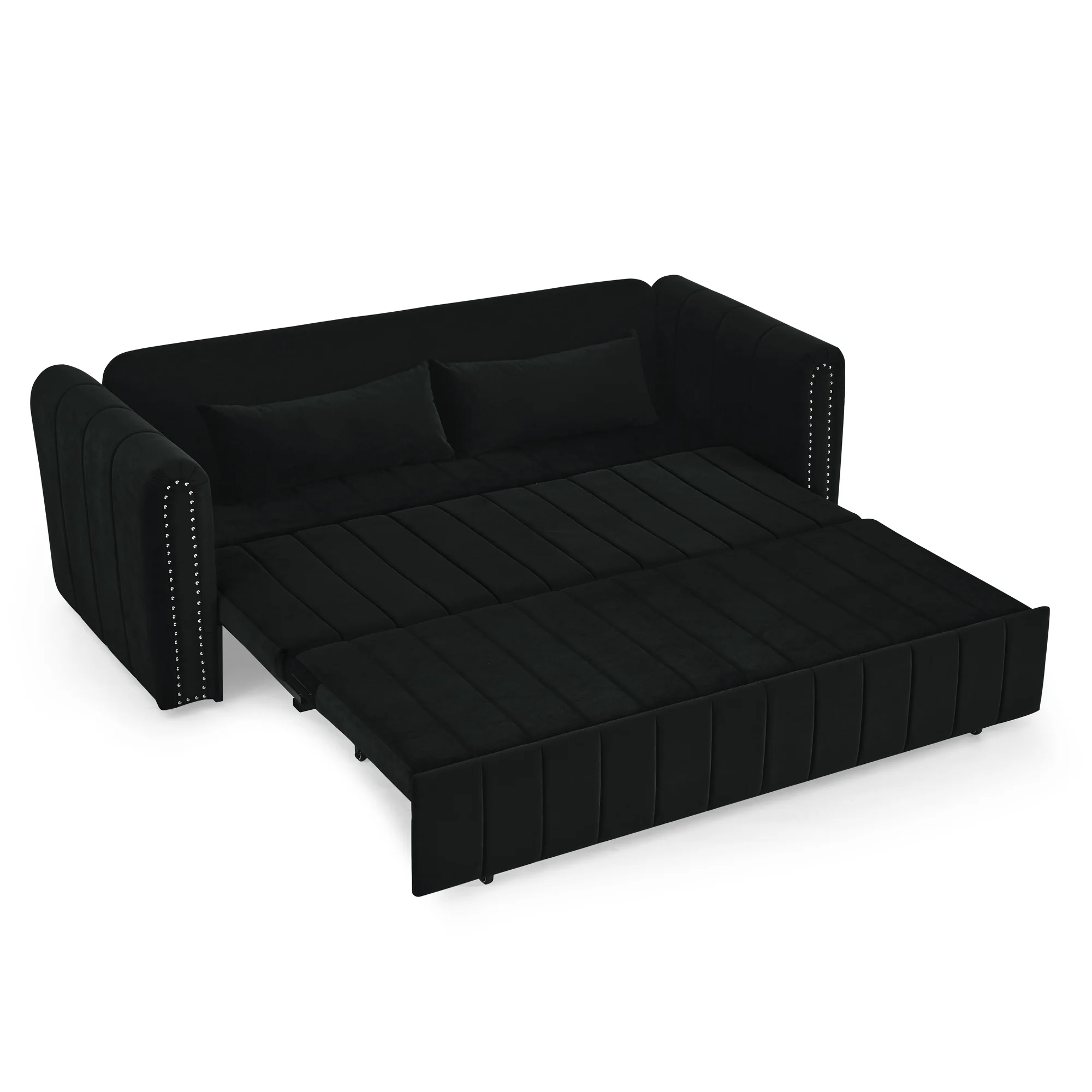 3-in-1 Convertible Sleeper Sofa Bed,Pull-Out Bed Sleeper with Rolled Arms Decorated with Copper Nails,Modern Upholstered 3 Seats Sofabed with Two Drawers and Two Pillows,Black
