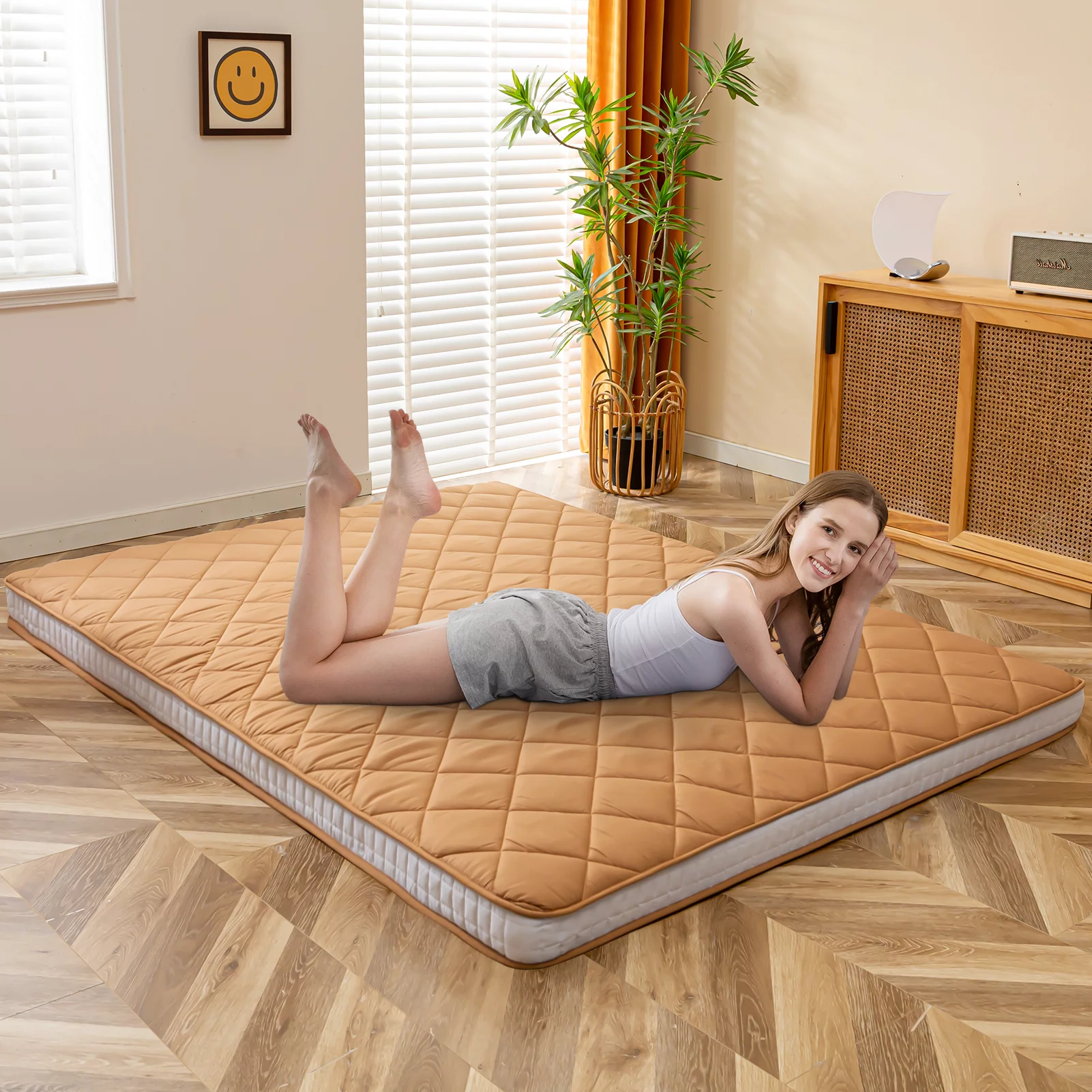 Diamond Patterned Futon Mattress, Extra Thick Japanese Floor Mattress Quilted Mattress Topper, Folding Floor Lounger Guest Bed Padded Sleeping Pad for Touring Car Camping