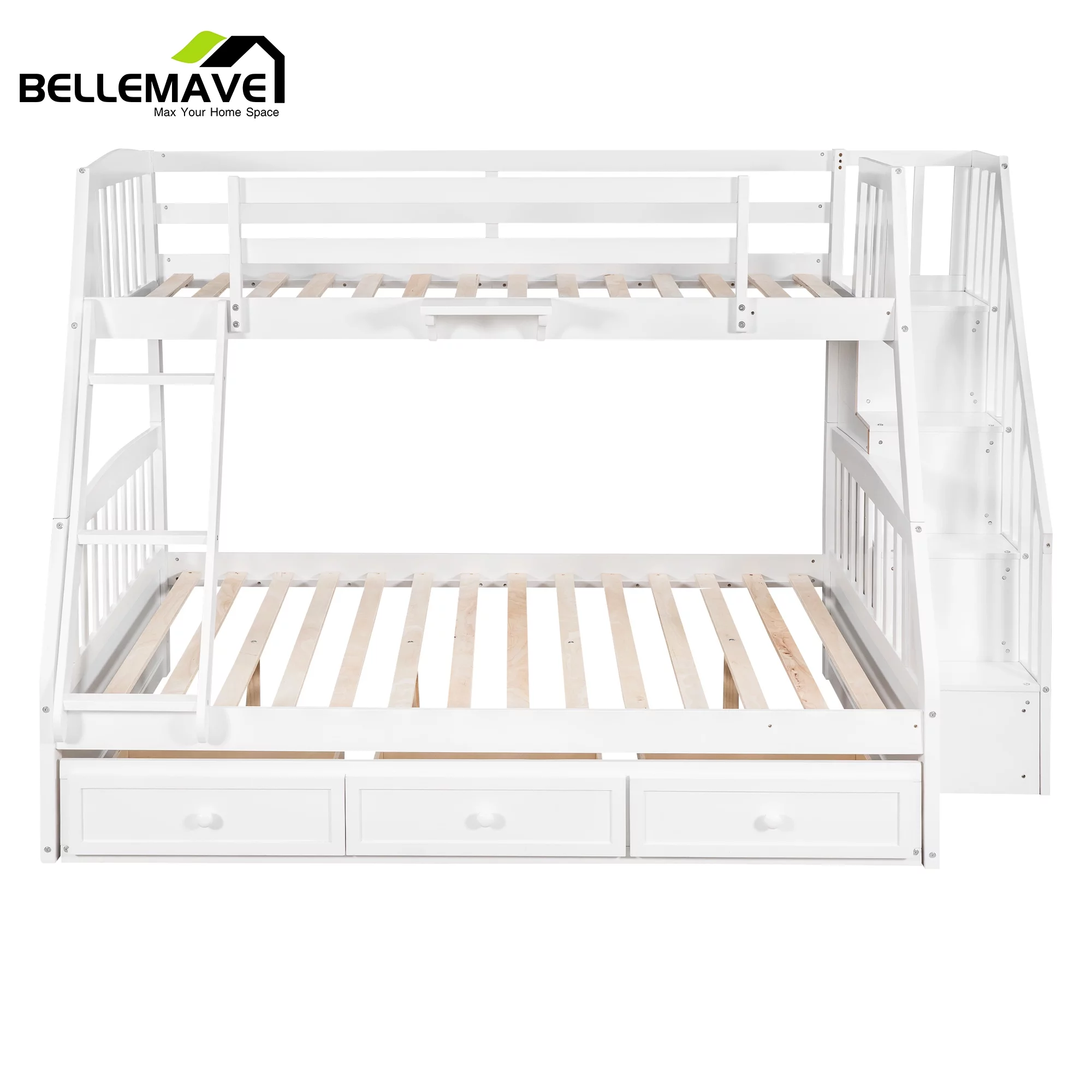 BELLEMAVE Twin over Full Bunk Bed with there drawer, bulid in ladder and storage stairs, Convertible into 2 beds, Kids bunk bed /Wood Bunk Bed for Kids, Teens(White)