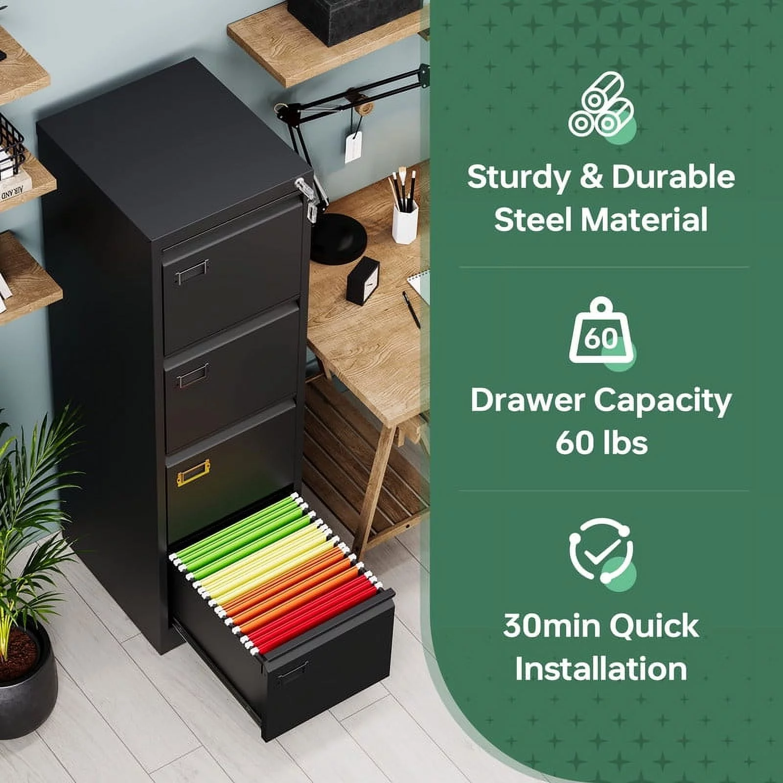 MIIIKO 4 Drawer File Cabinet,Metal Vertical Filing Cabinets with Lock,Storage A4/F4/Letter/Legal for Home Office-Assembly Required (4 Drawer-Black)