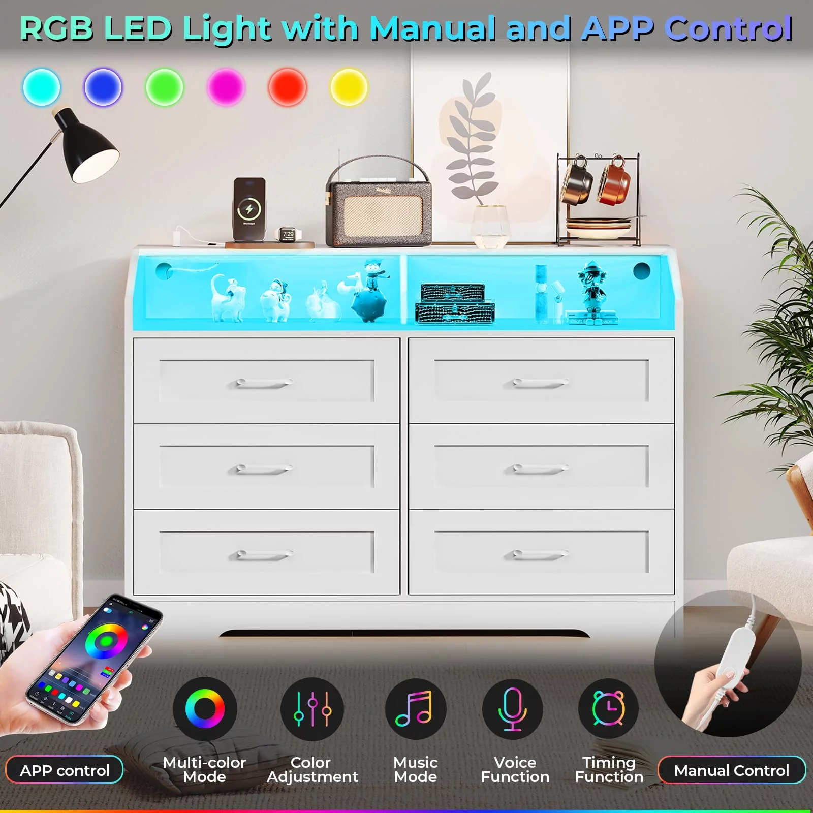 Dresser for Bedroom, 6 Drawer Dresser with LED Lights and Charging Station, White Finish