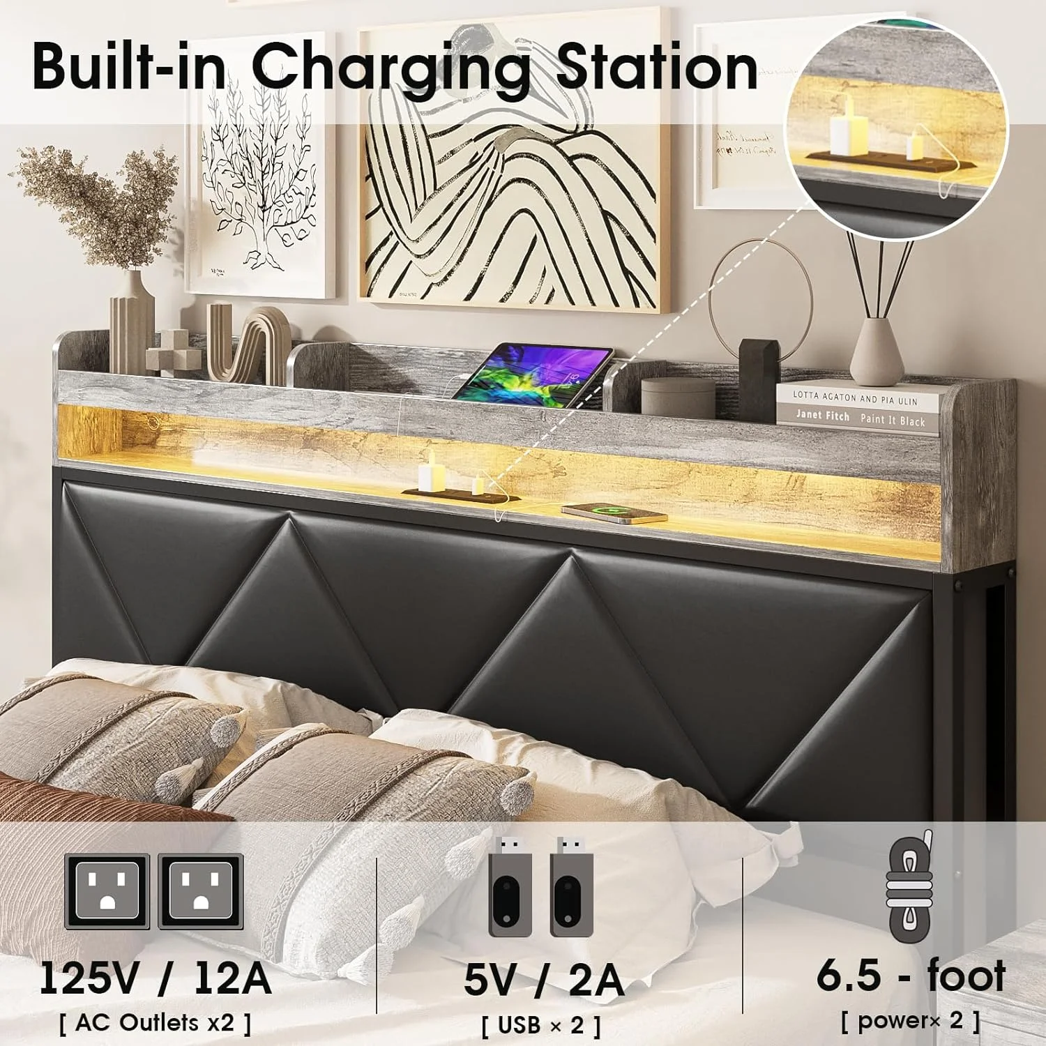 YZboomLife Full Size Led Bed Frame with Charging Station and 4  Drawers  Metal Platform Bed  Upholstered Headboard with 3 Shelves  No Box Spring Needed  Easy Assembly  Gray
