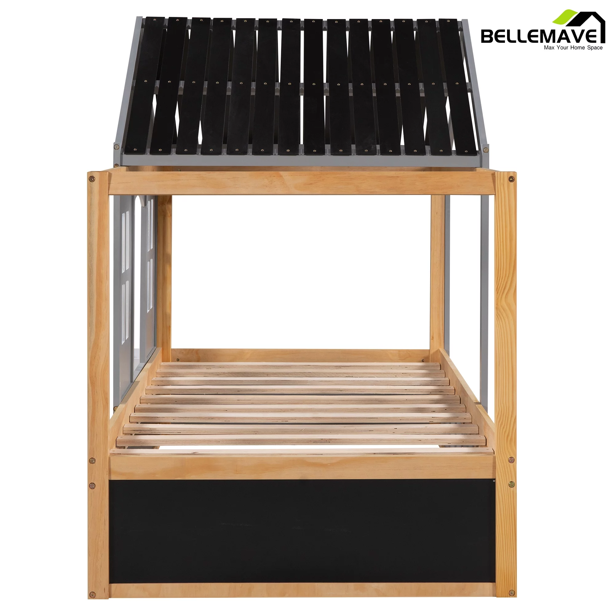 Bellameve Gray Twin Size Kids Canopy Platform Bed with Roof, Window, Blackboard and Little Shelf, Wood House Shaped Kids Platform Bed Daybed for Bedroom Living Room