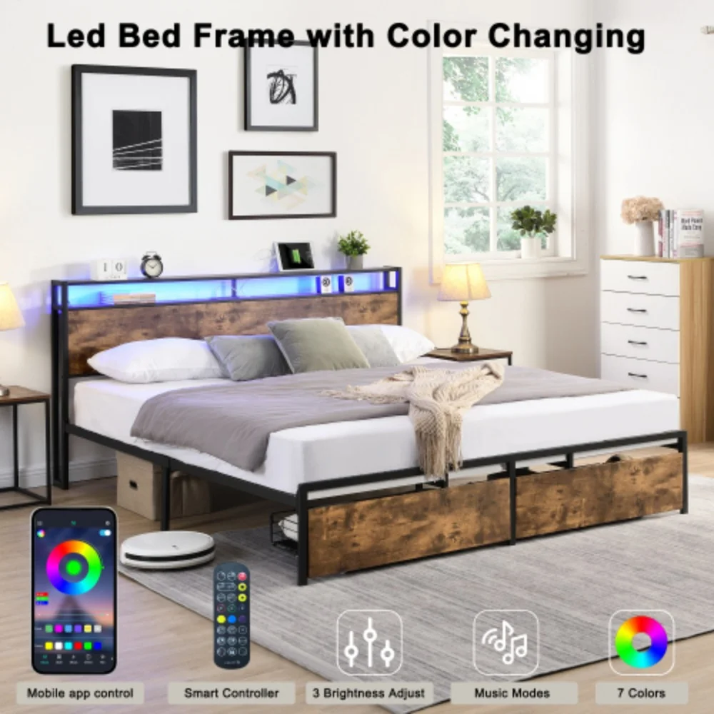 King Bed Frame, Storage Headboard with Charging Station, Solid and Stable, Noise Free, No Box Spring Needed, Easy Assembly  Antique brown + Metal & Wood + Bedroom + King + Bed Frame + Metal