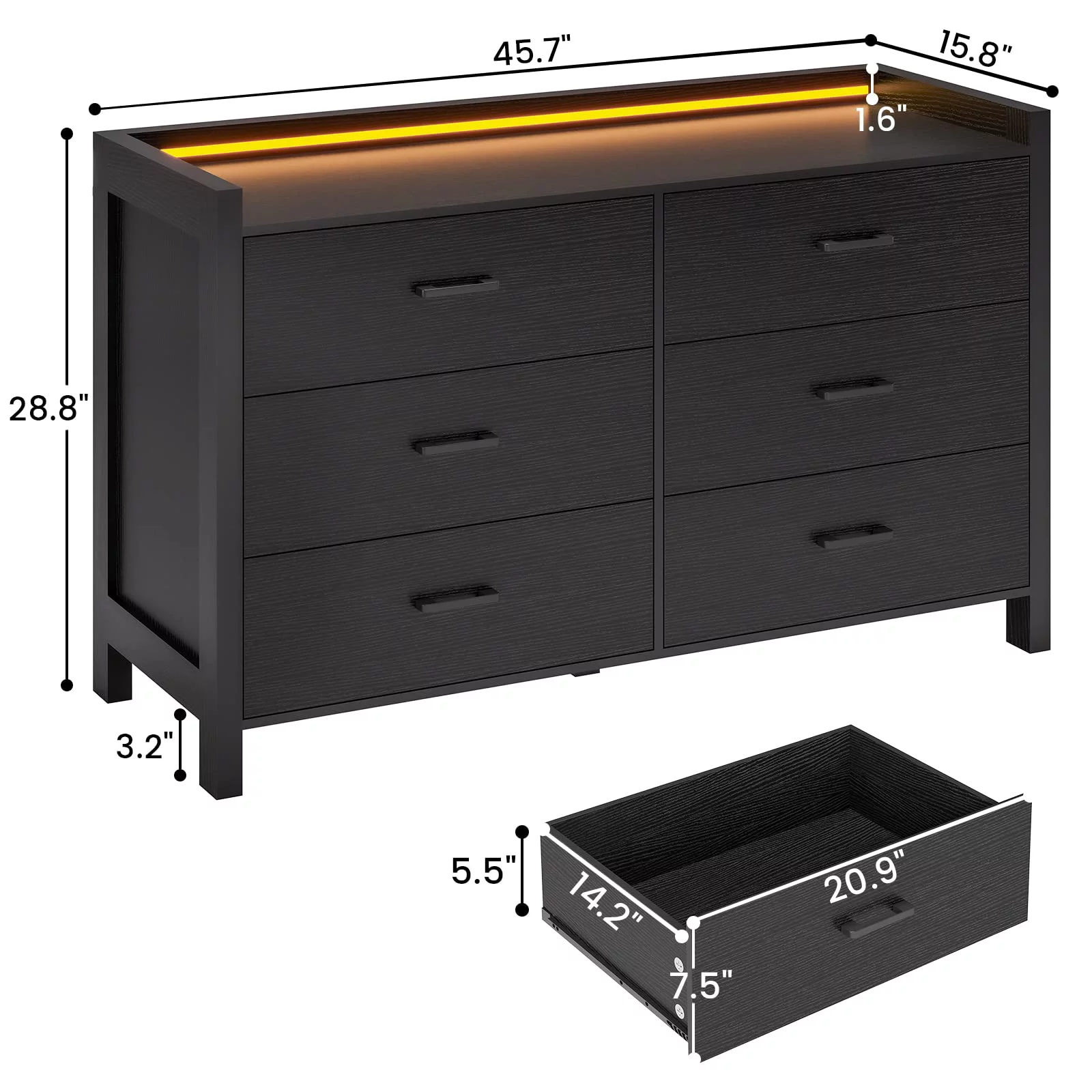 6 Drawer Double Dresser with LED Lights, Large Wooden Storage Cabinet,Drawer Dresser for Bedroom, Hallway, Entryway,Black