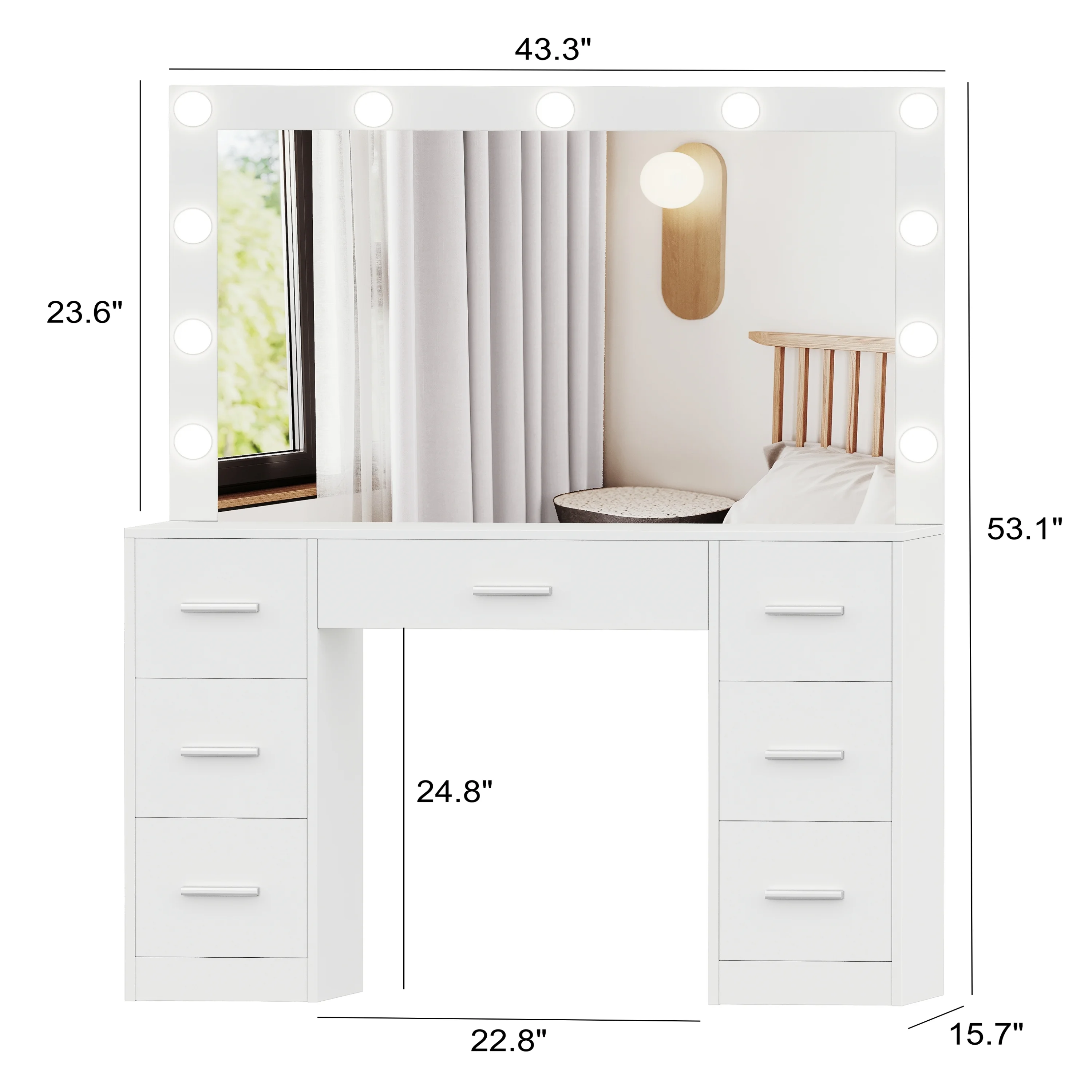 Makeup Vanity Table with Large Mirror and 3-mode Lights, 7-Drawer Dressing Table, Bedroom Makeup Table, White LYVT004W