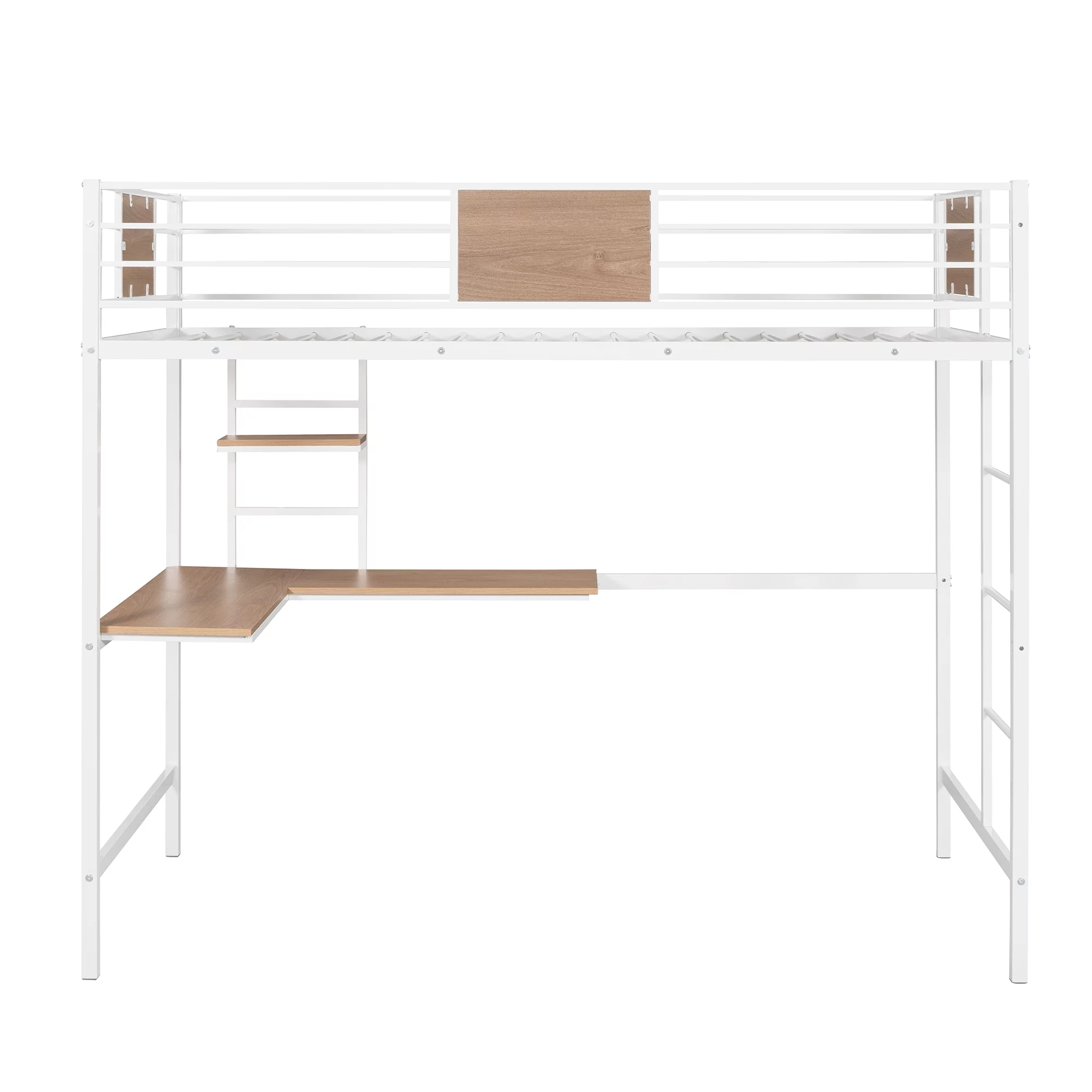Bellemave Twin Metal Loft Bed with L-Shape Desk and Shelve,Sturdy Metal Loft Bed Frame with Guardrail for Kids,Teens,White