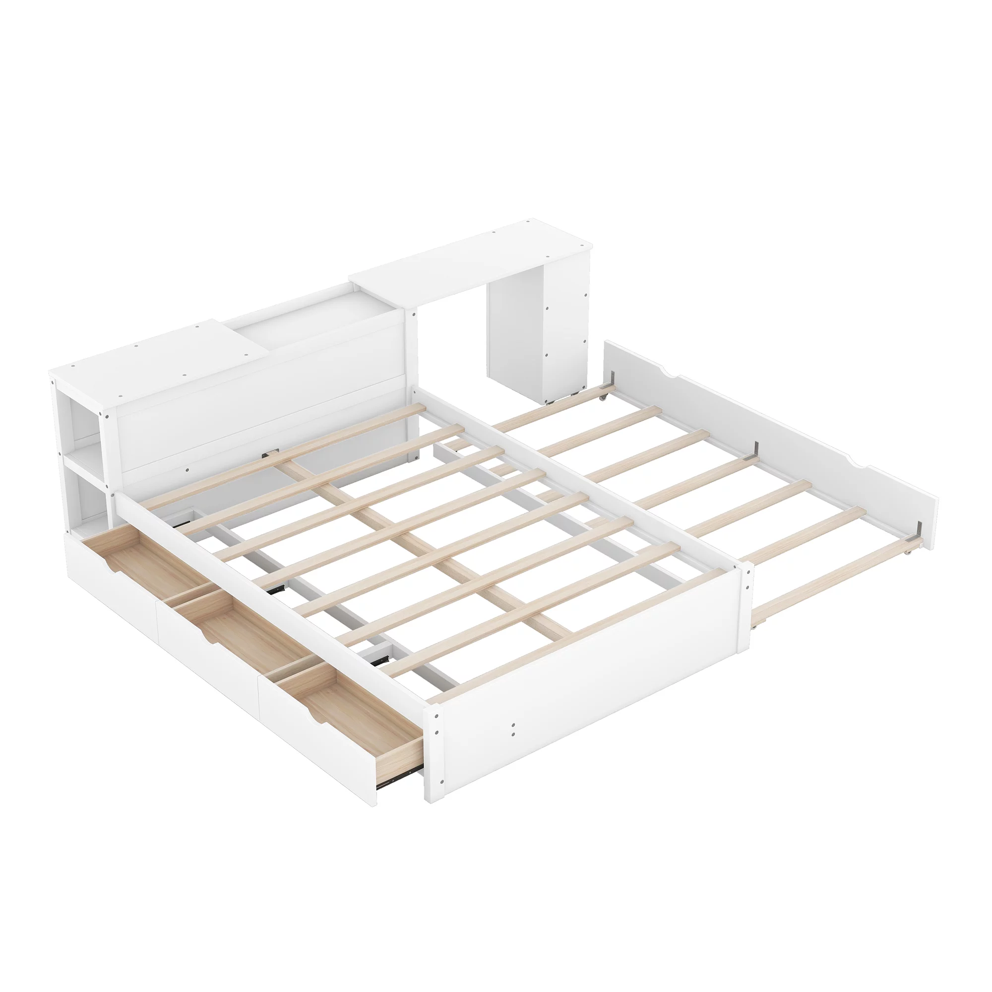 Churanty Full Size Platform Bed Frame with Rolling Desk and Storage Headboard Modern Wood Bed Frame with Trundle and Drawers,White