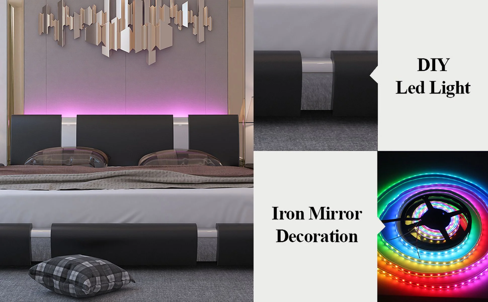 Kallabe Full Size Modern Bed Frame with Led Light,Iron Pieces Decor and Faux Leather Headboard, Black