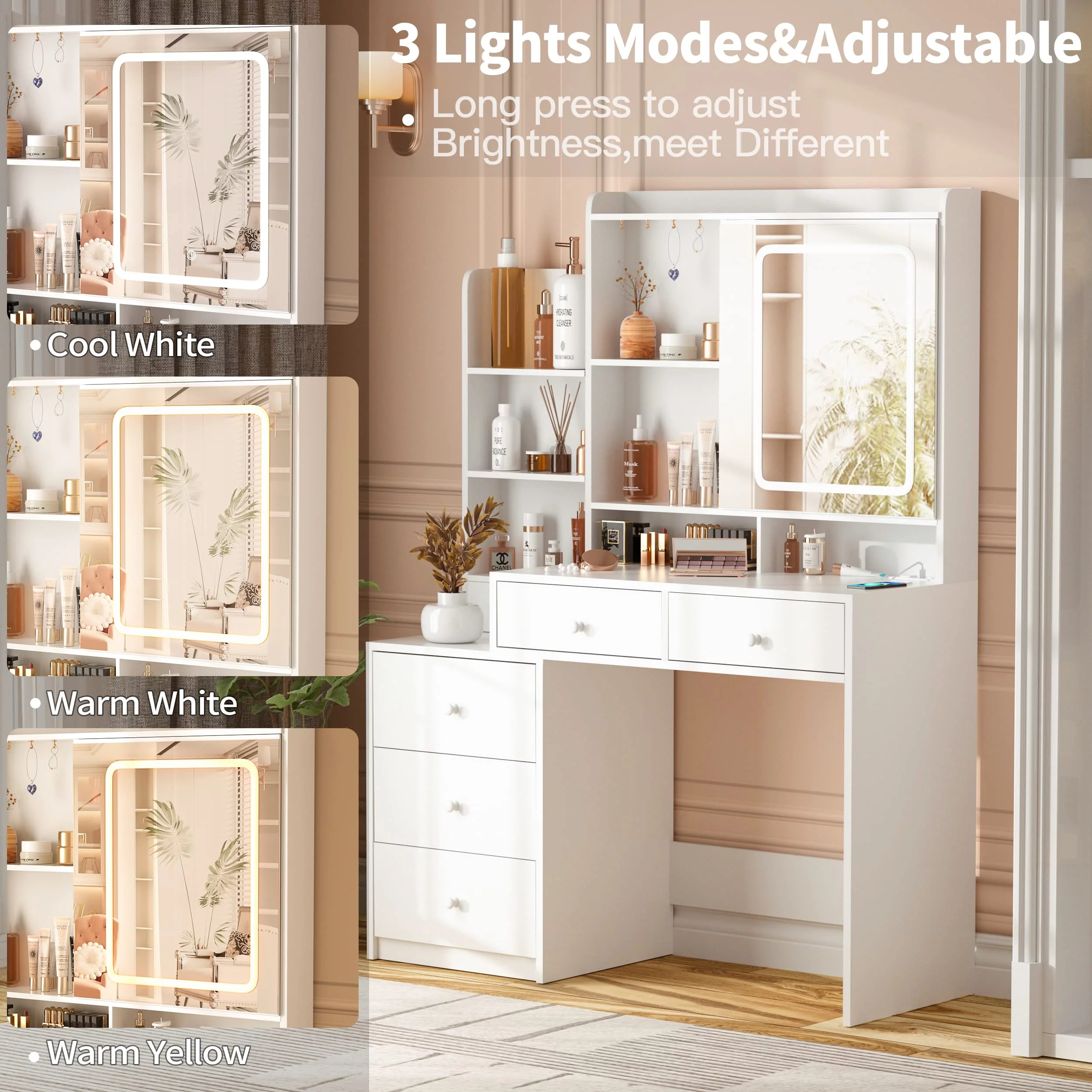 Veanerwood Vanity Table with Mirror and Lights, Modern Makeup Vanity Desk with Drawers and Power Strip, Bedroom Dressing Table, 43.3in, White