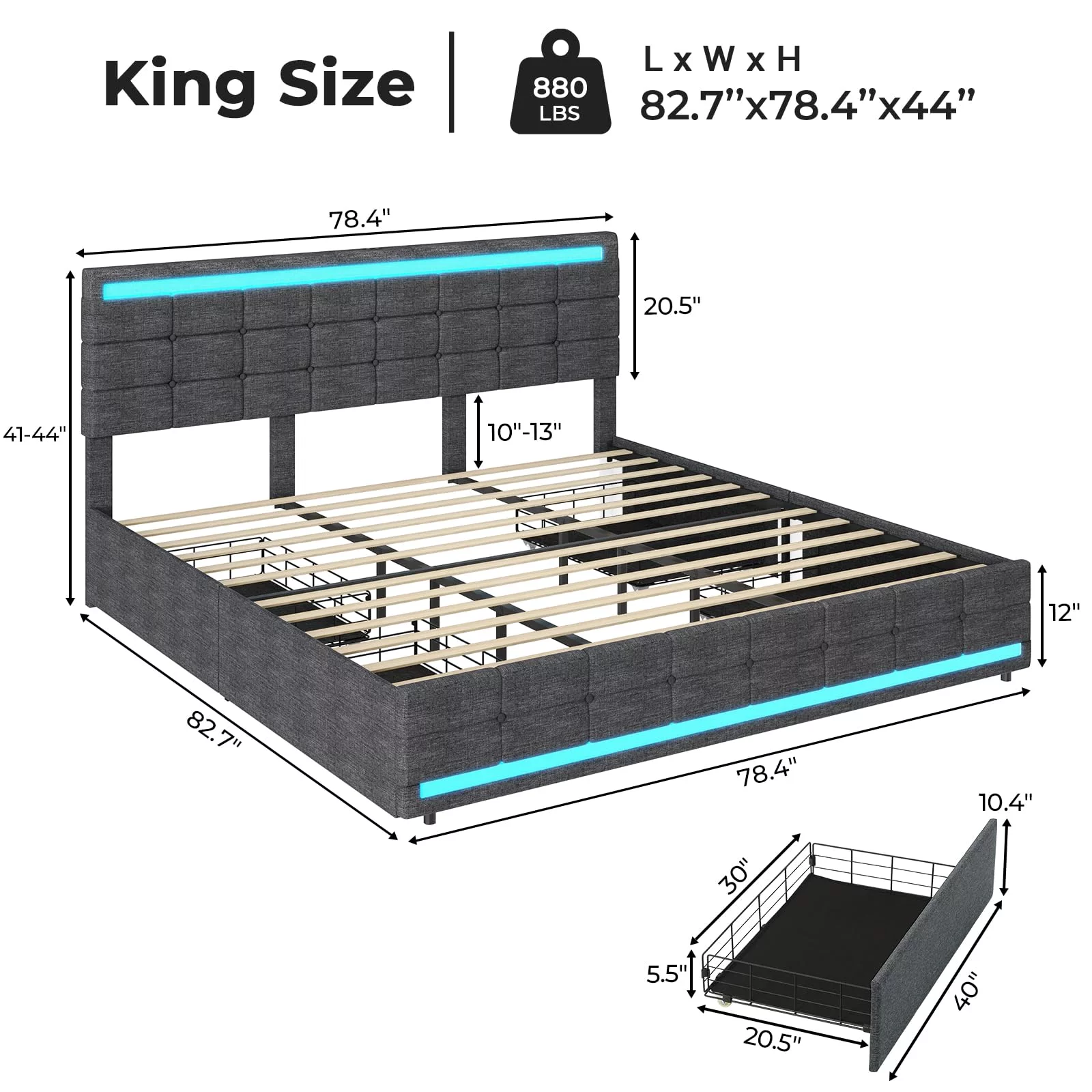 LED Bed Frame King Size Upholstered Platform Bed with 4 Drawers and LED Headboard and 2 USB Ports,Noise-Free, Dark Grey