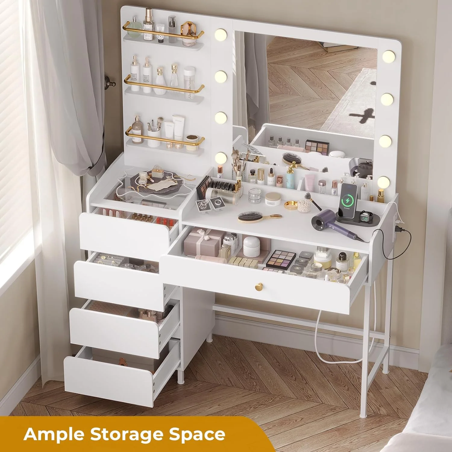 Afuhokles Vanity Desk with Lighted Mirror and Charging Station, Makeup Vanity Table with 5 Drawers, Visual Drawer, White