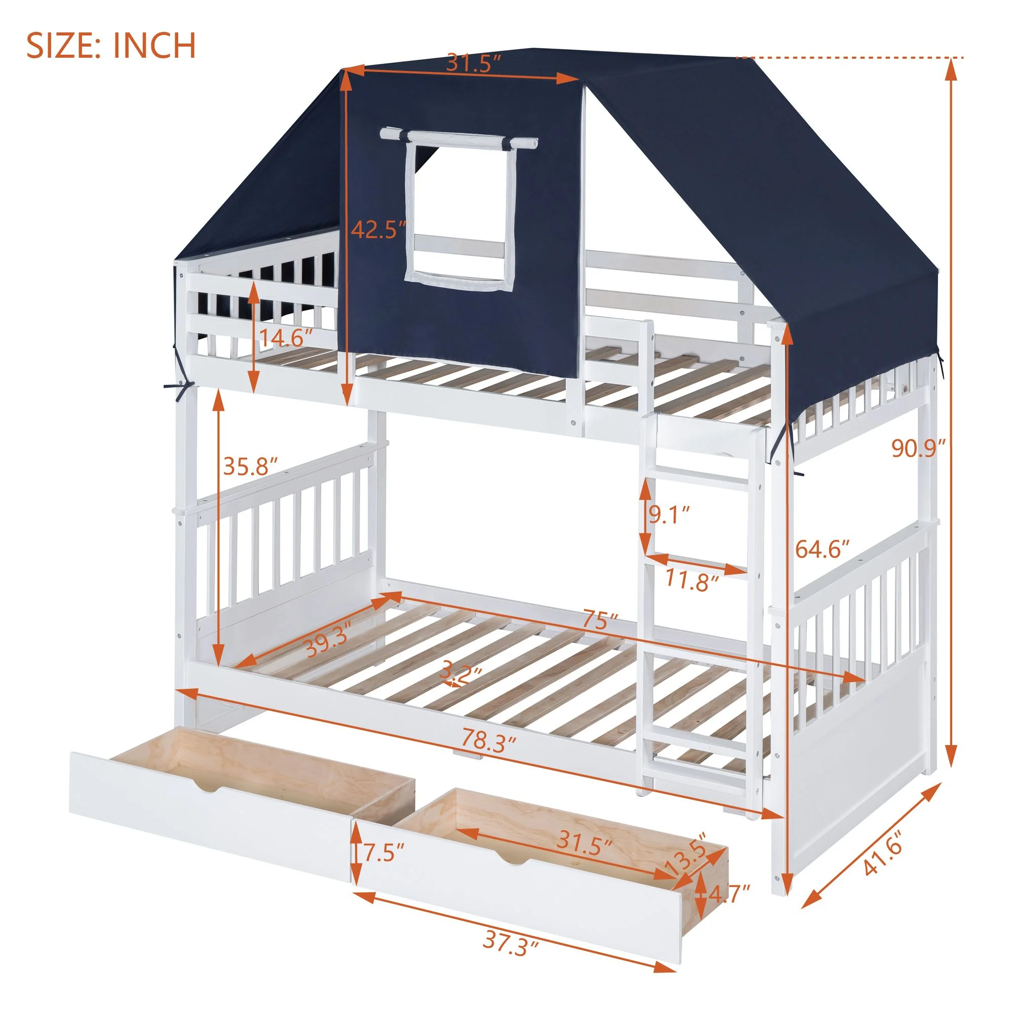 Twin Over Twin Bunk Bed with Tent and Drawers for Boys/Girls/Teens Bedroom, Wood Bed Frame with Safety Guardrail, No Box Spring Needed with Roof, Window