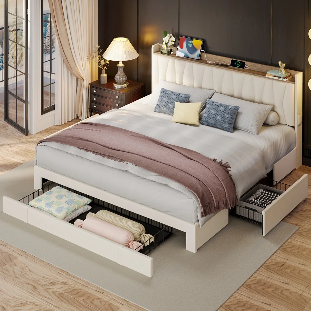 ANCTOR King Size Bed Frame with 3 Drawers, Upholstered Storage Headboard and Charging Station, No Box Spring Needed, Easy Assembly