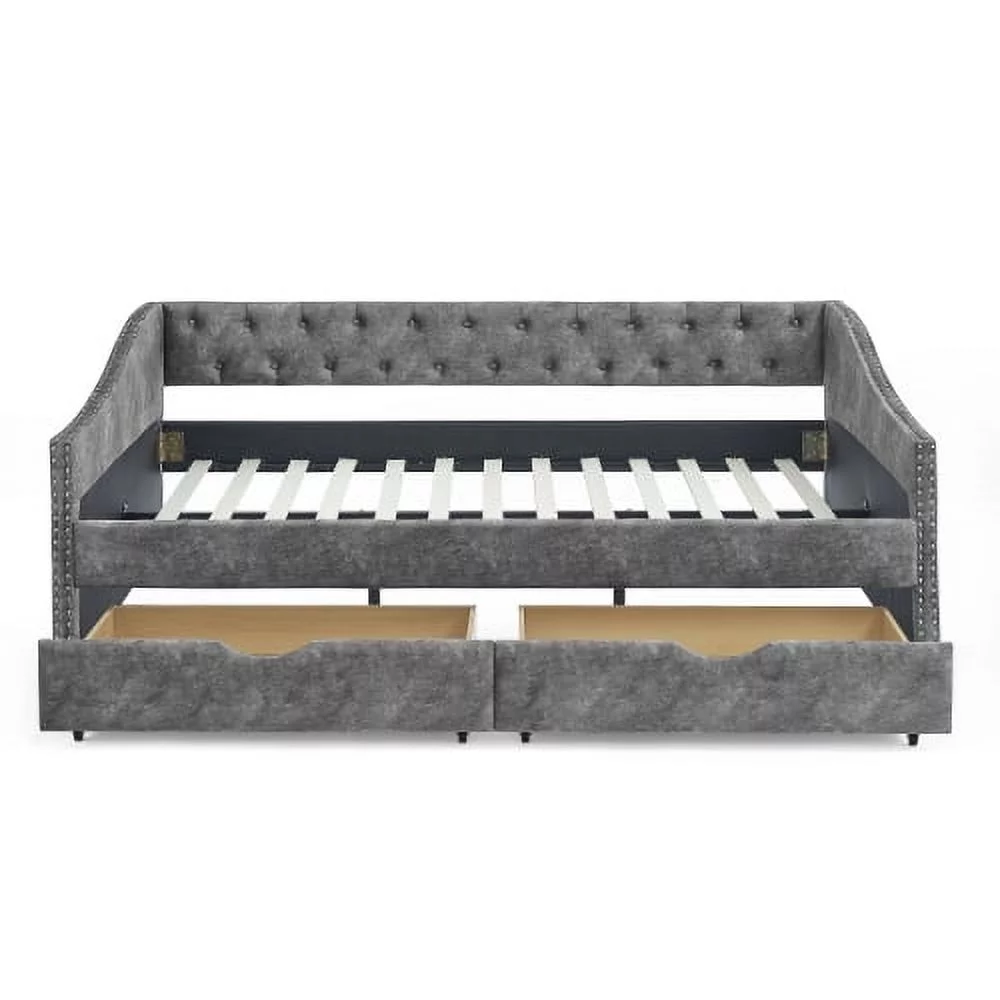 Motent Full Size Daybed with Drawers Upholstered Tufted Sofa Bed, with Button on Back and Copper Nail on Waved Shape Arms,Grey(80.5”x55.5”x27.5”)