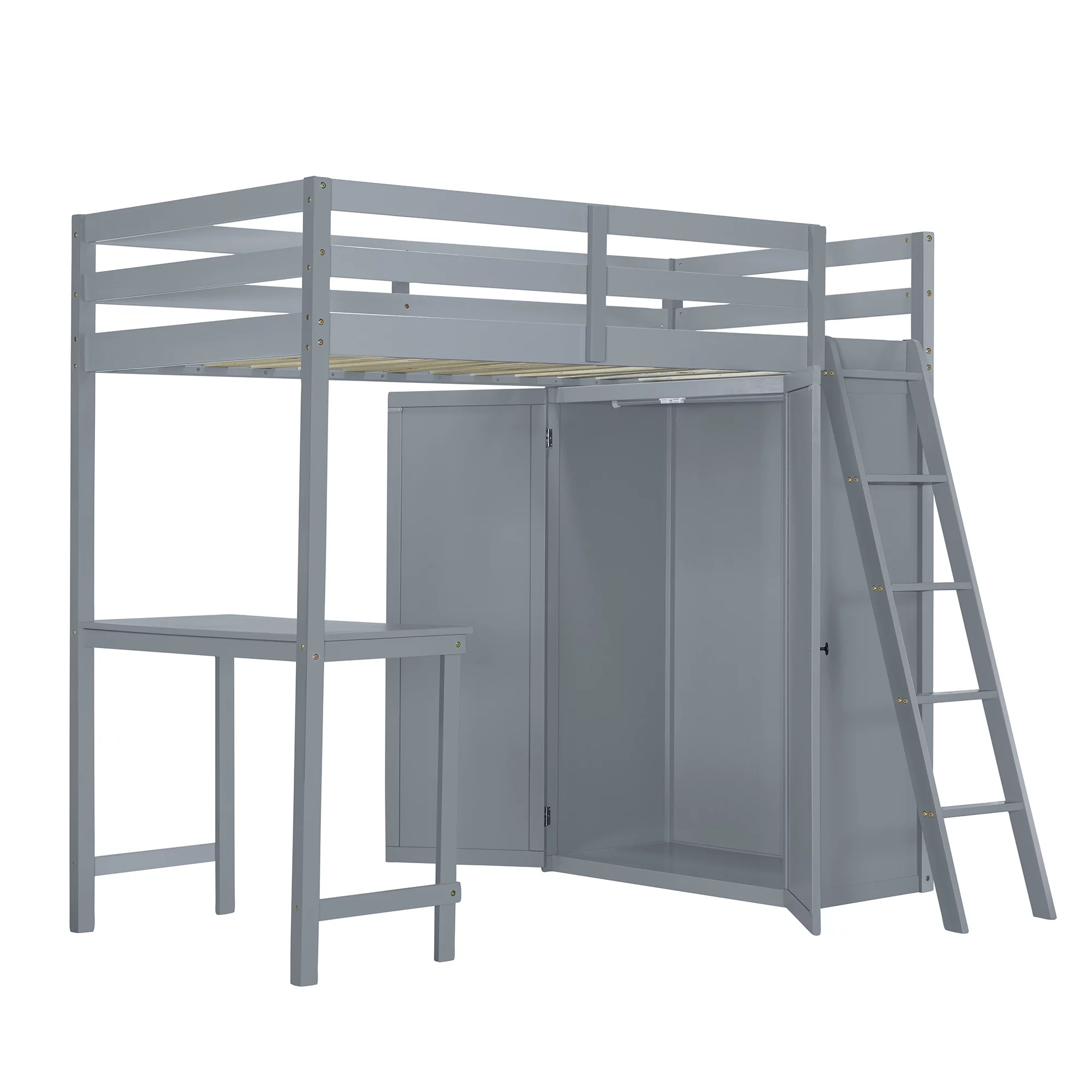 Churanty Twin Size Loft Bed with Wardrobe and Desk for Kids, Wood High Twin Loft Bed Frame with Shelves,Gray