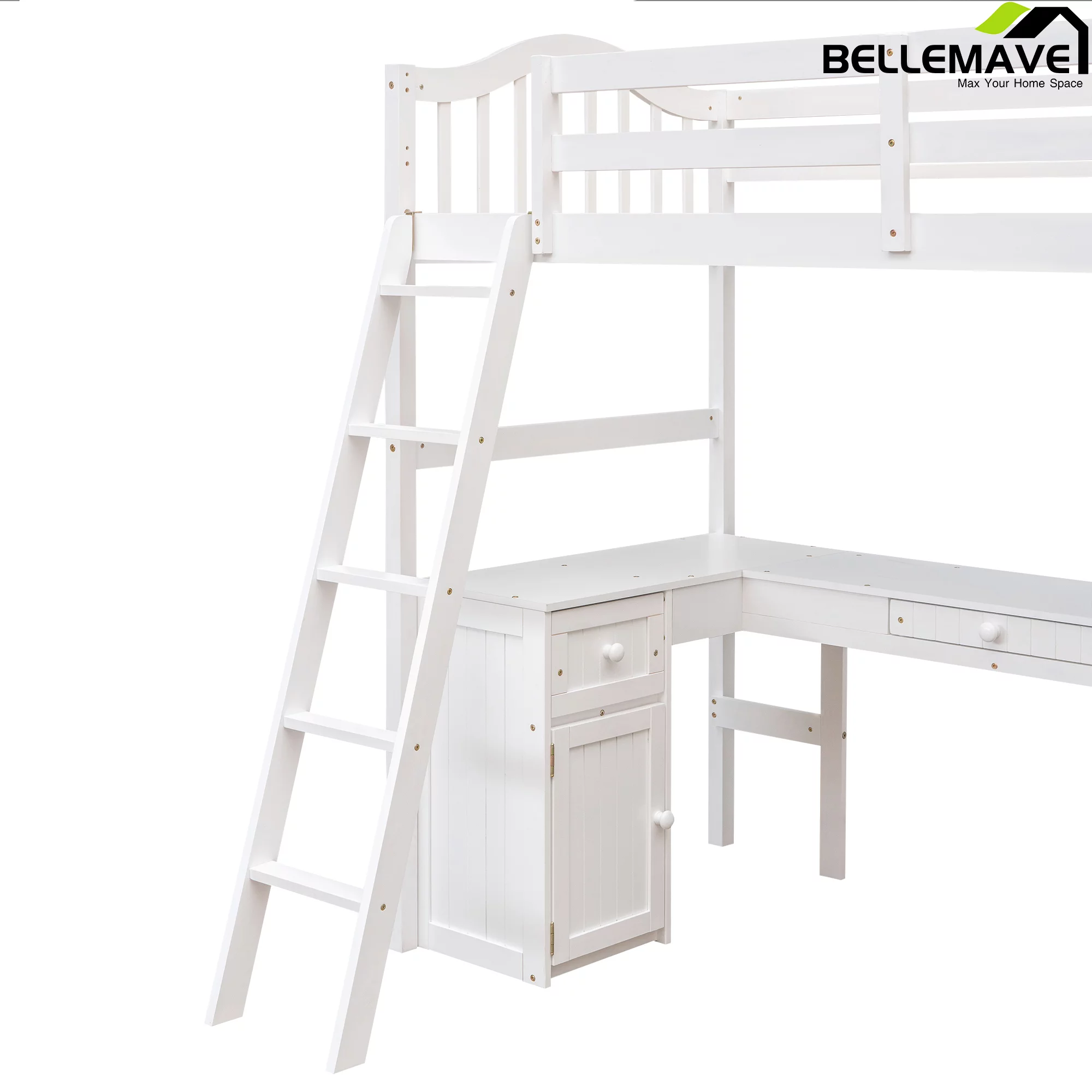 Bellemave Twin Size High Loft Bed with Desk and Drawers for Kids,Wooden Loft Bed Frame with Bookcase Shelves and Storage Cabinet for Kids,Teens,Adults,White