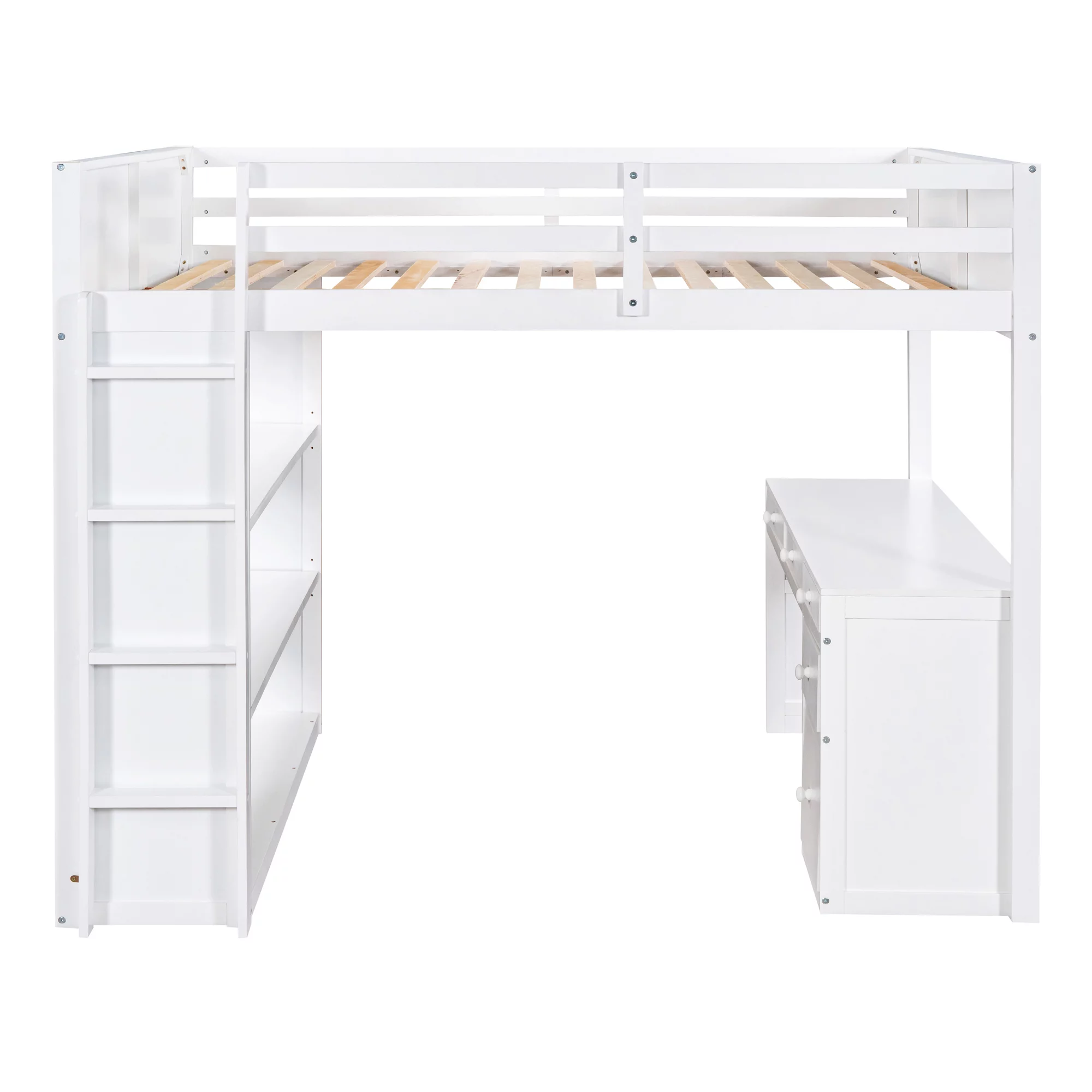 CoSoTower Full Size Loft Bed with Ladder, Shelves, and Desk, White