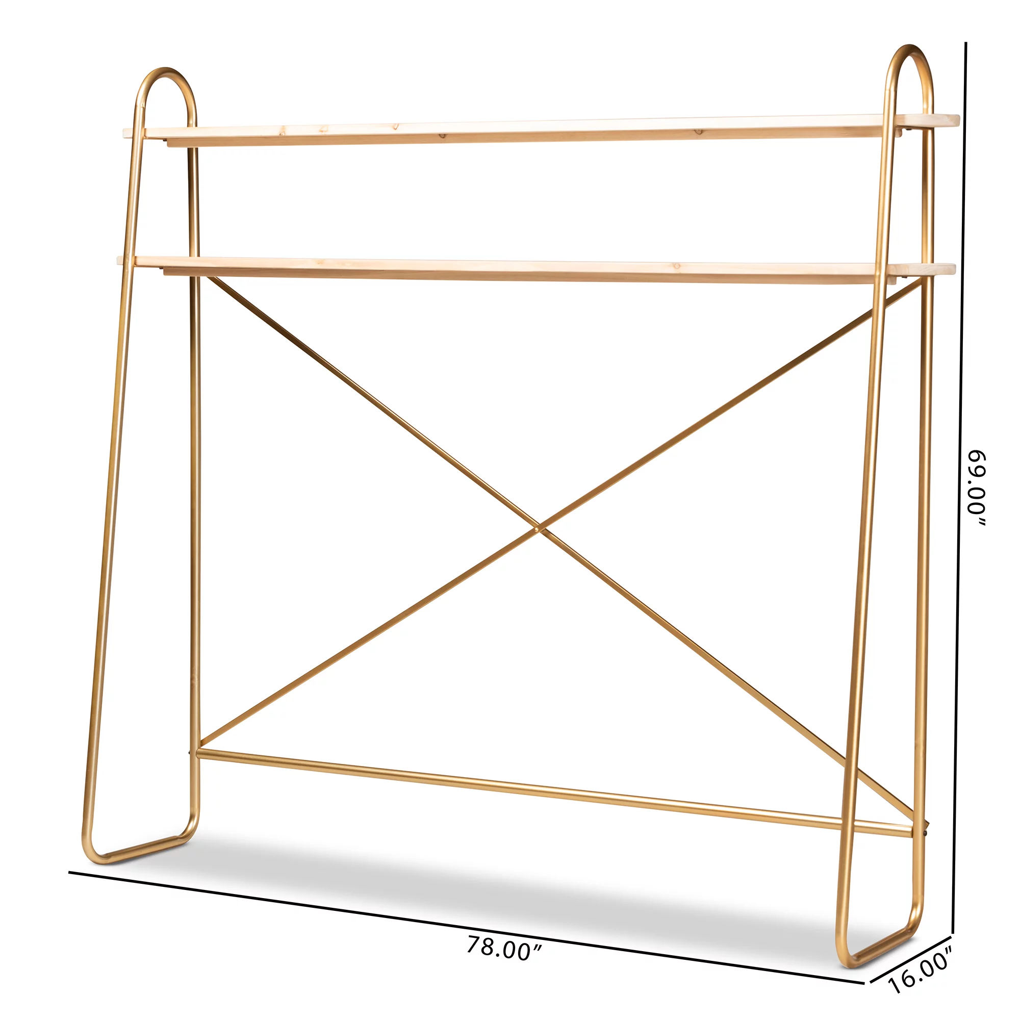 Baxton Studio Merida Glam and Luxe Brushed Gold Finished Metal and Natural Brown Finished Wood 2-Tier Over Bed Queen Size Storage Display Shelf