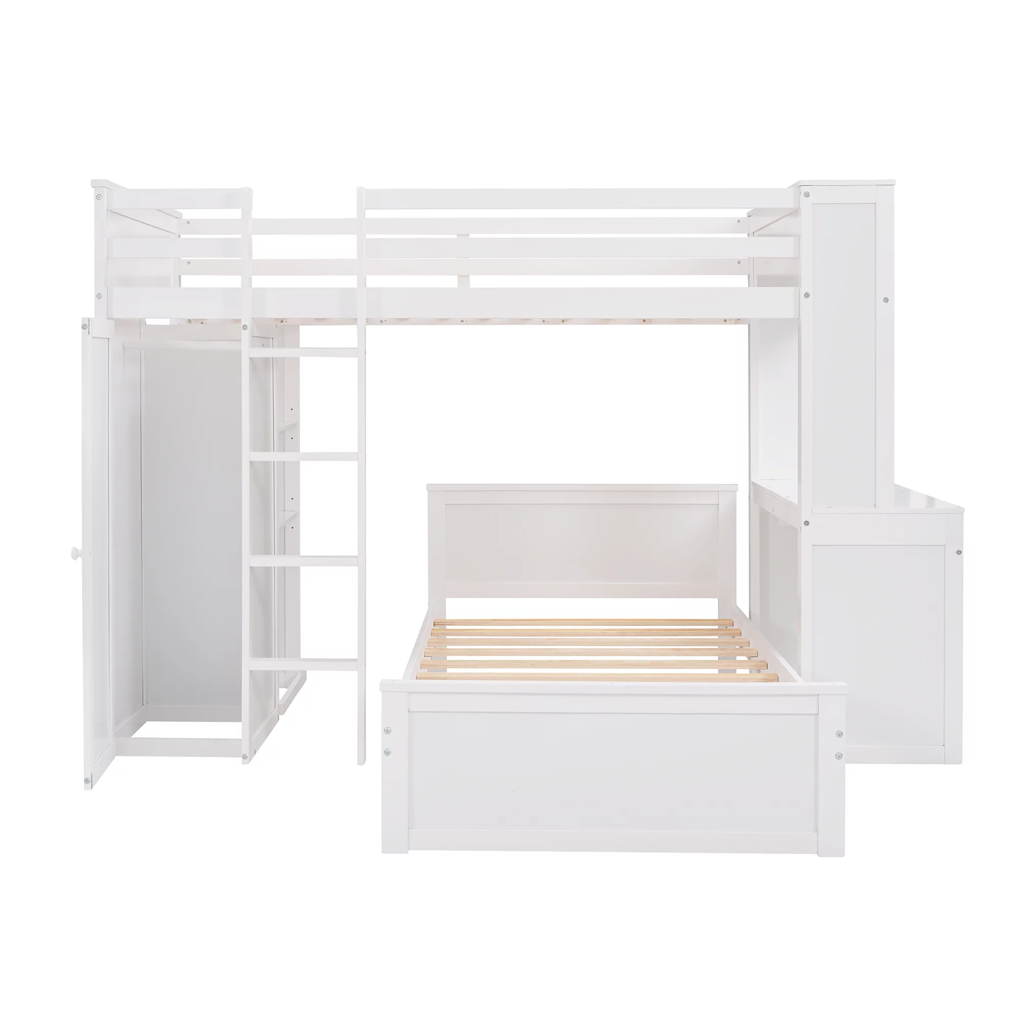 THINK 30,Twin Size Loft Bed with Desk and Wardrobe, Wood Convertible Bunk Bed with Storage Drawers and Shelves, Wooden Loft Bed Frame for Kids Teens, No Box Spring Needed, White