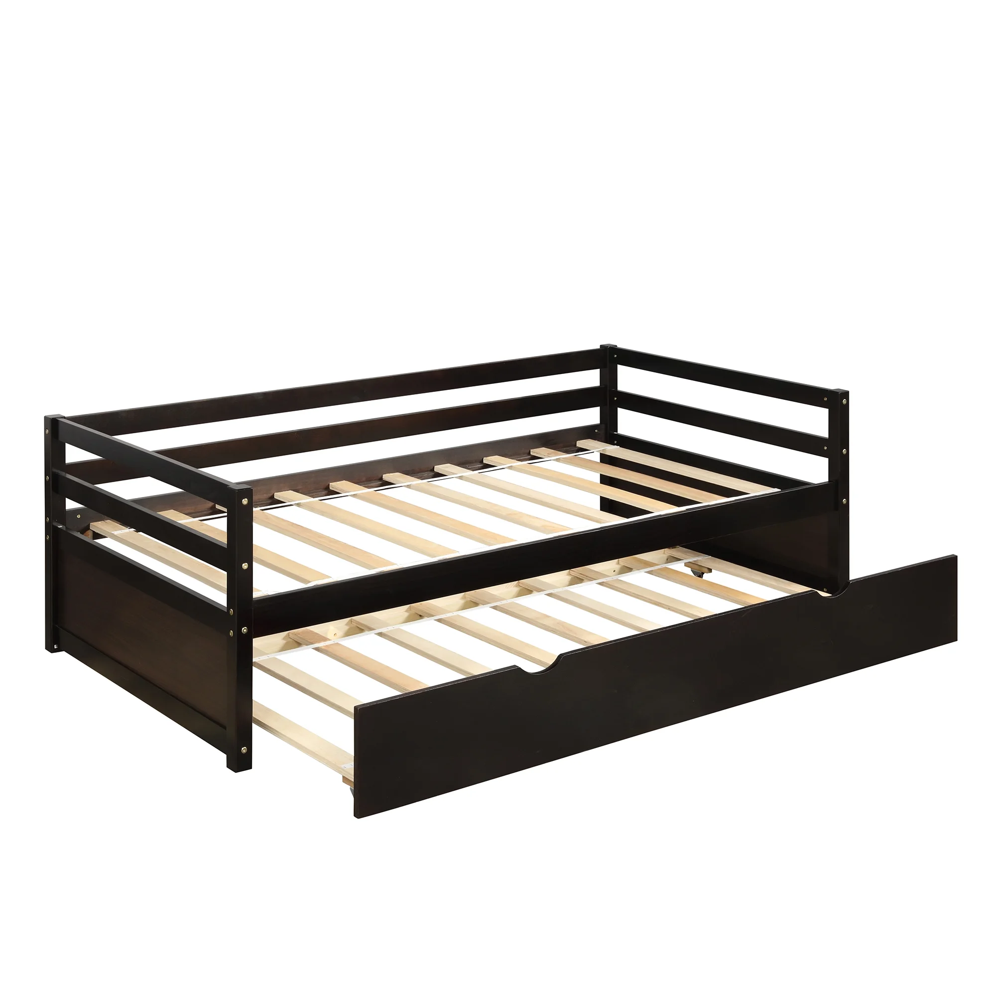 Royard Oaktree Twin Size Daybed with Trundle Wood Day Bed Sofa Bed with Guardrails and Slats for Bedroom, Living Room, Espresso