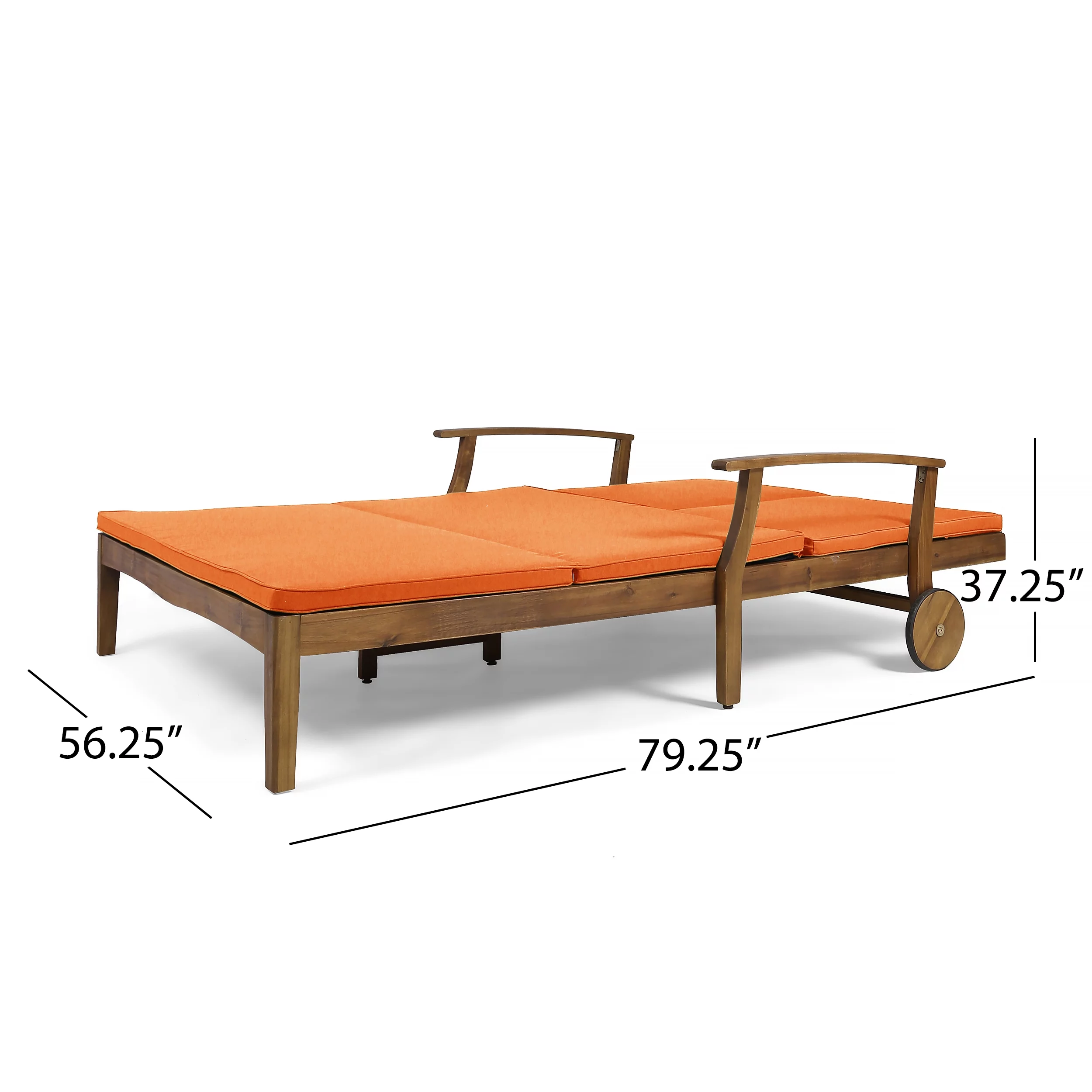 Danielle Outdoor Acacia Wood Double Chaise Lounge with Cushion, Teak, Orange