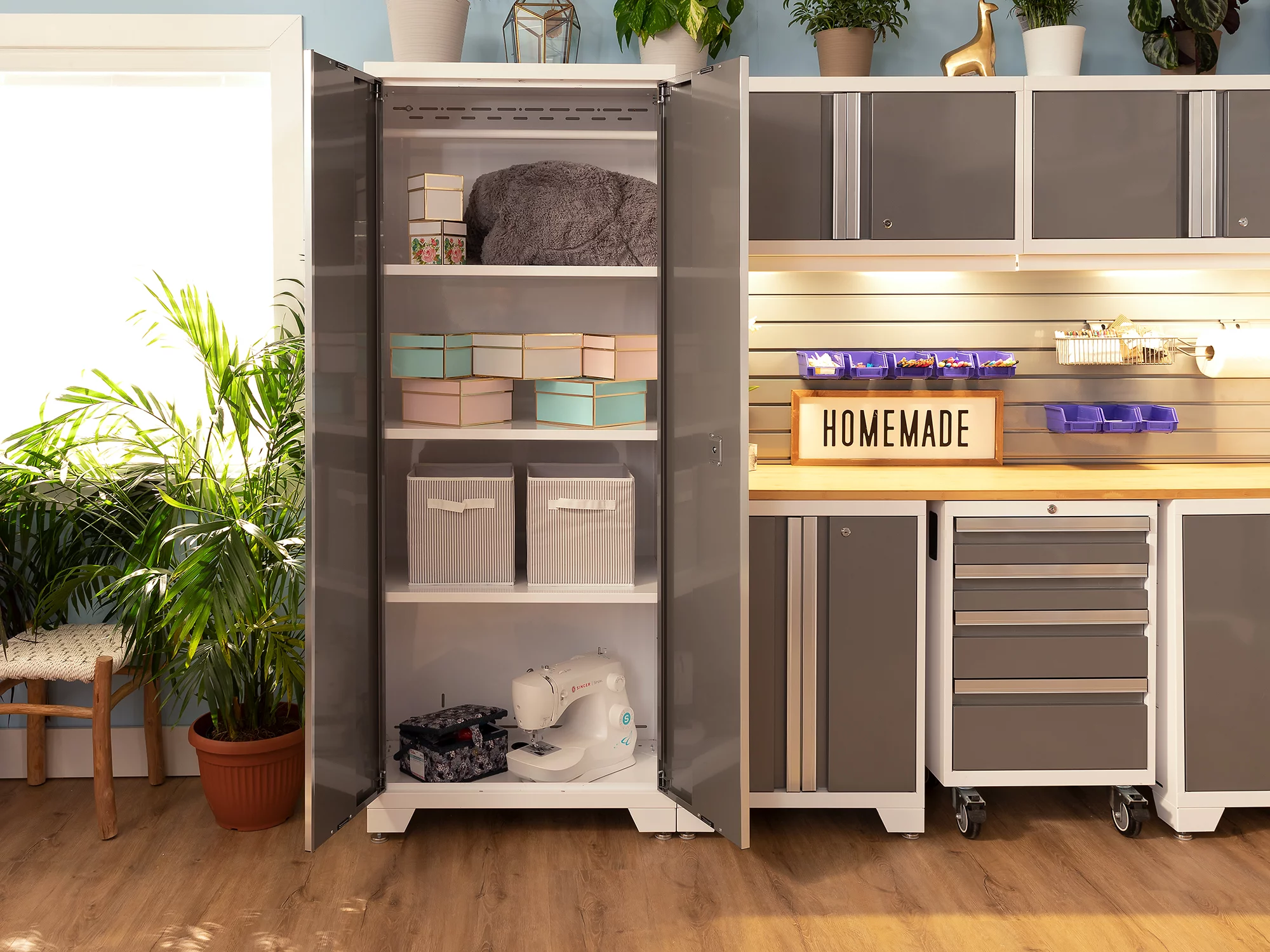 NewAge Products Bold Series Platinum 8 Piece Cabinet Set, Heavy Duty 24-Gauge Steel Garage Storage System, LED Lights Included