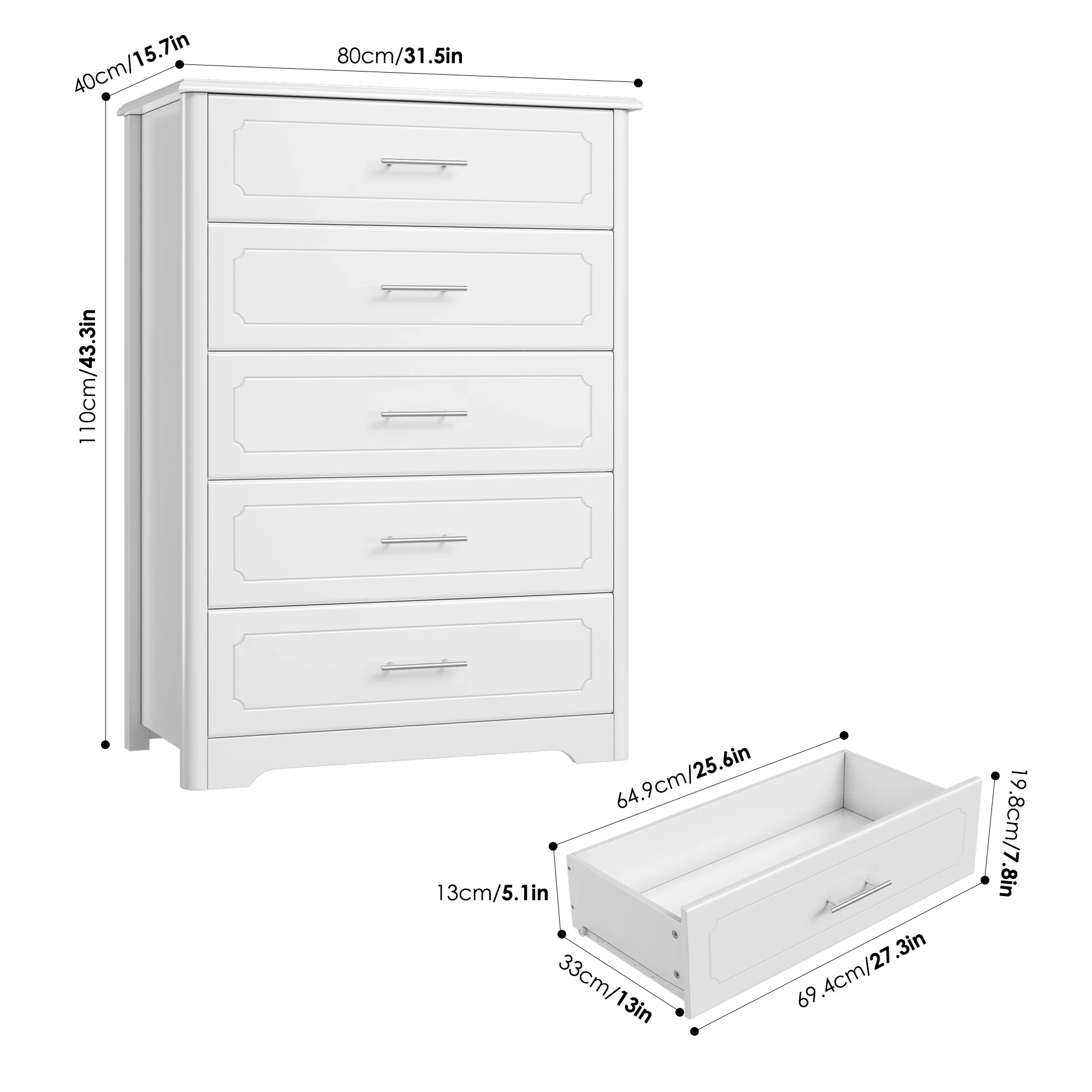 Homfa 5 Drawer White Dresser, Tall Nightstand Wooden Storage Cabinet with Metal Handles for Bedroom Living Room