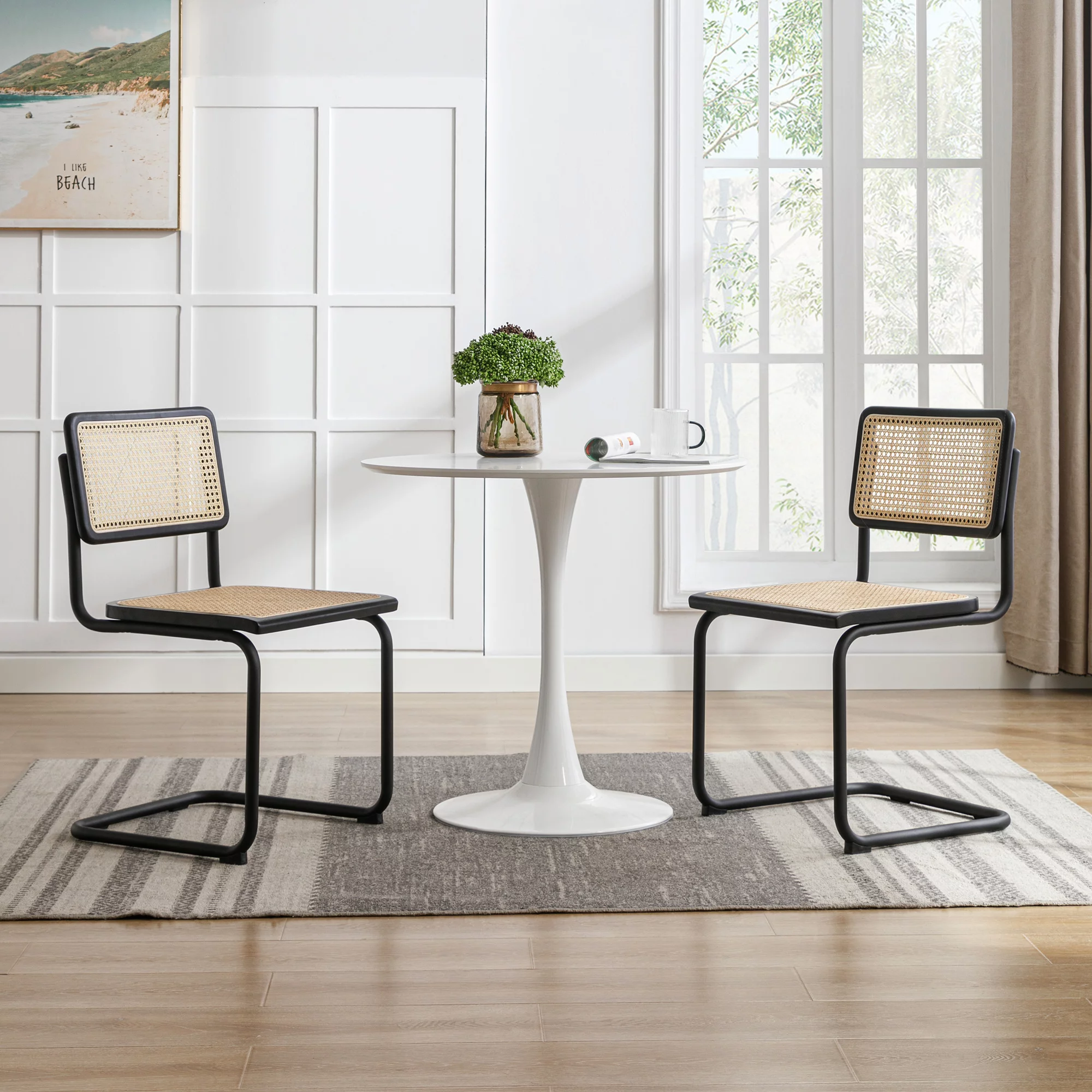 ONEVOG Rattan Dining Chairs Set of 2, Mid Century Modern Kitchen Chairs with Black Meal Legs, Armless Cane Chairs, Black