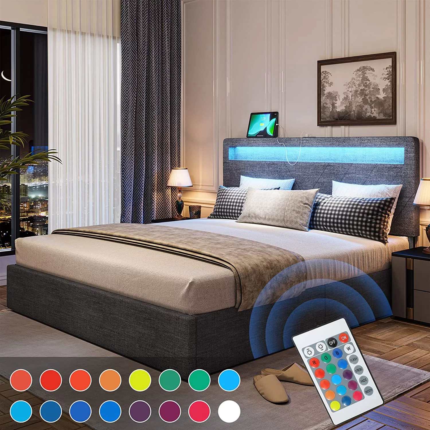 Afuhokles Queen Bed Frame with LED Lights Headboard, 4 Drawers,2 USB Charging Station, Upholstered Platform Bed, Dark Gray