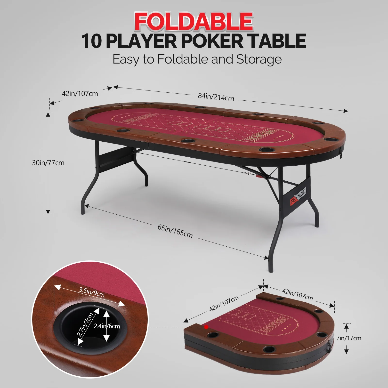 PEXMOR Foldable 10 Player Poker Table, Folding Casino Table Texas Holdem Poker Table, Portable Blackjack Card Game Table w/Stainless Steel Cup Holders & Padded Rails