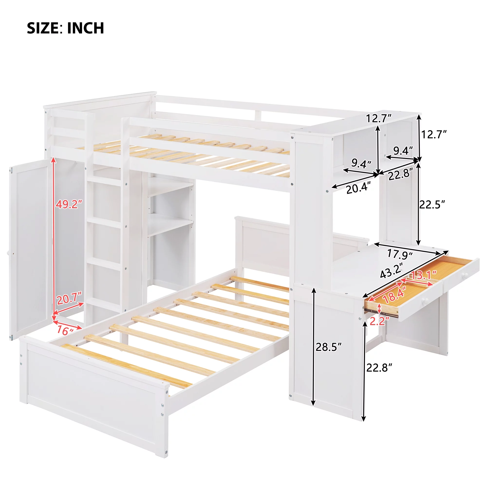 THINK 30,Twin Size Loft Bed with Desk and Wardrobe, Wood Convertible Bunk Bed with Storage Drawers and Shelves, Wooden Loft Bed Frame for Kids Teens, No Box Spring Needed, White