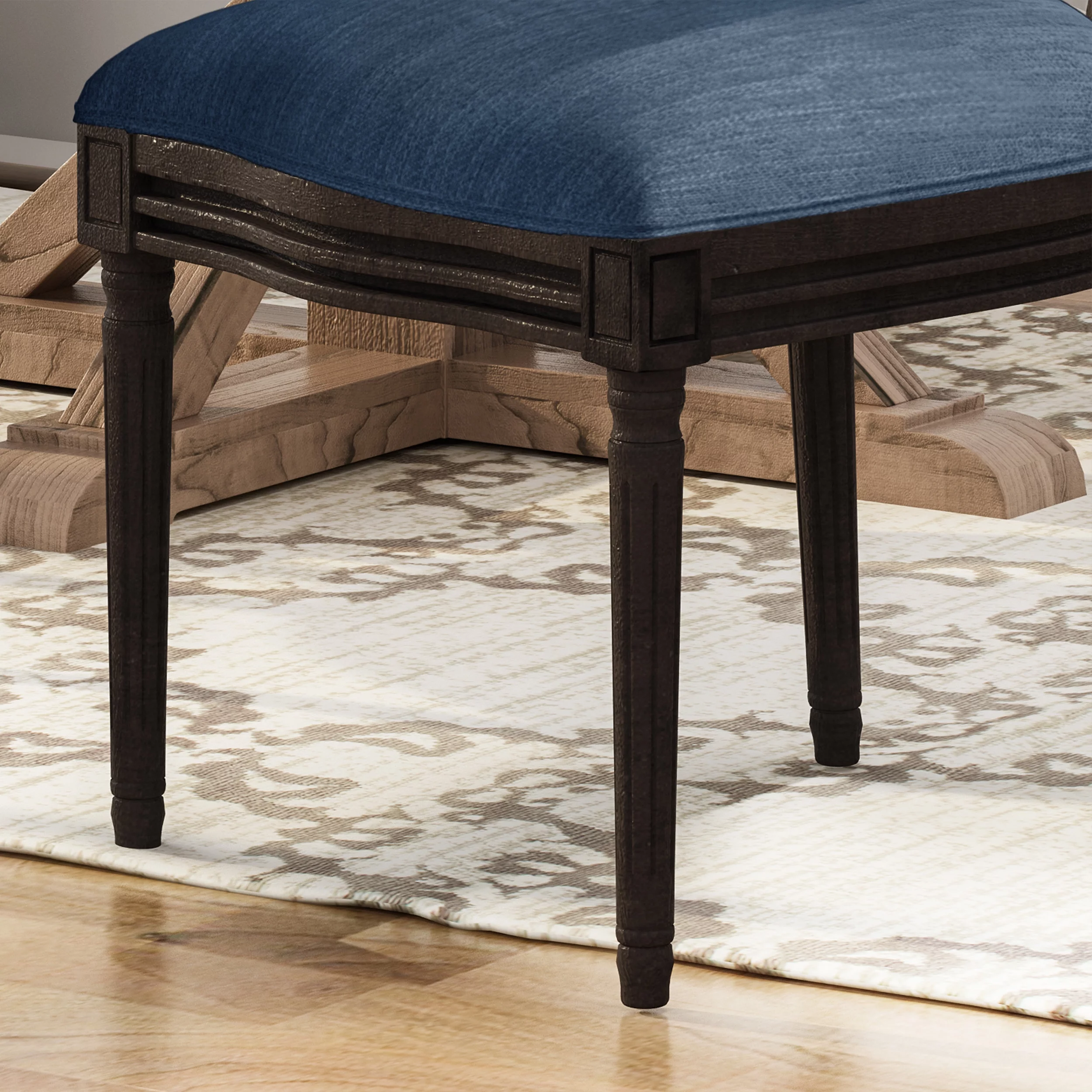 GDF Studio Towner French Country Fabric Wood and Cane Dining Chairs, Set of 2, Navy Blue, Natural, and Dark Brown