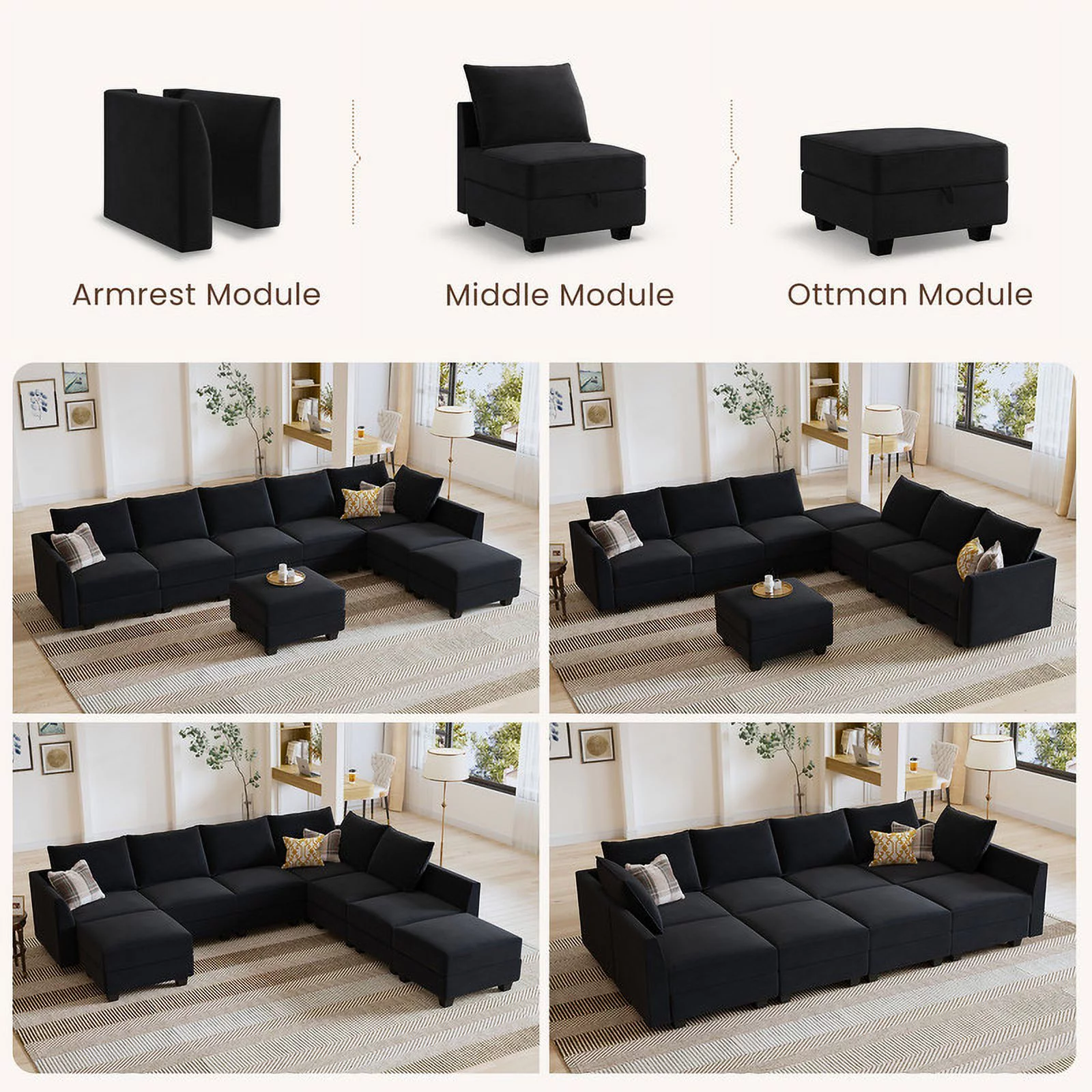 HONBAY Modern Upholstered Sofa Couch Bed with Movable Storage Ottoman for Apartment, Black