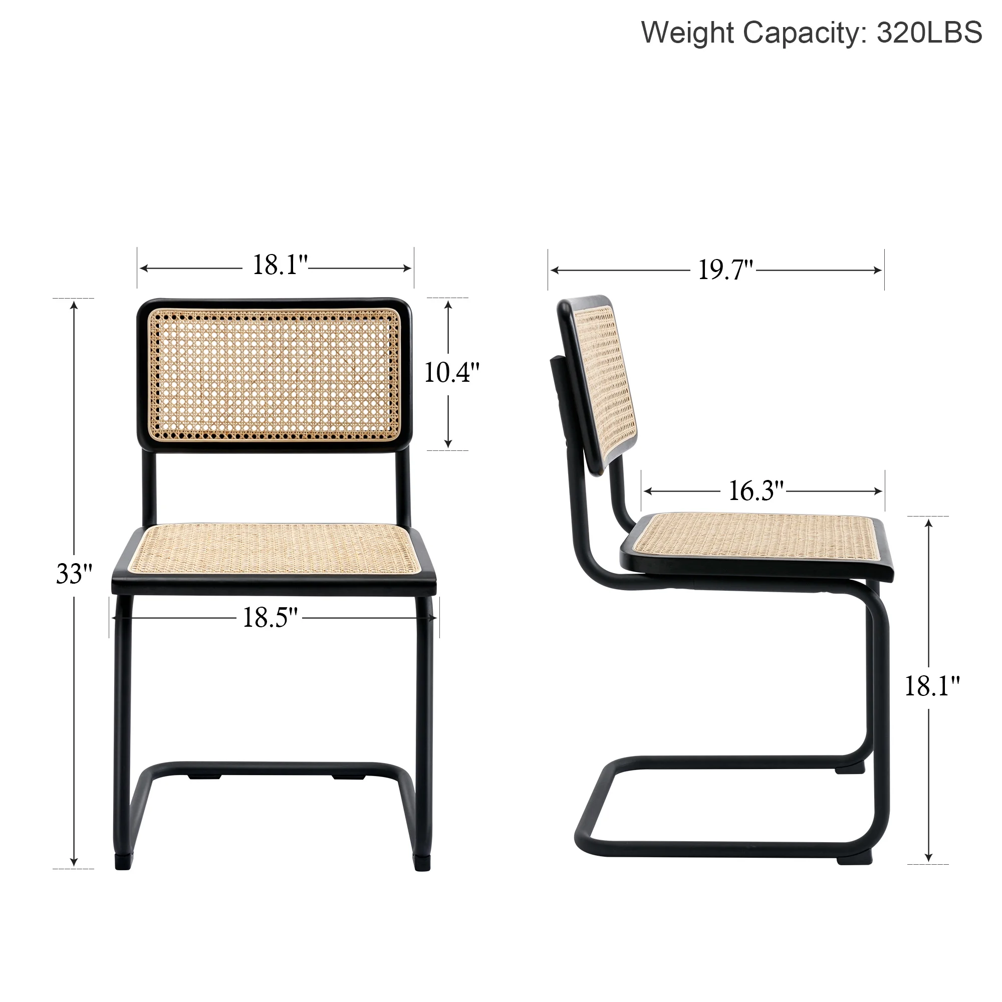 ONEVOG Rattan Dining Chairs Set of 2, Mid Century Modern Kitchen Chairs with Black Meal Legs, Armless Cane Chairs, Black