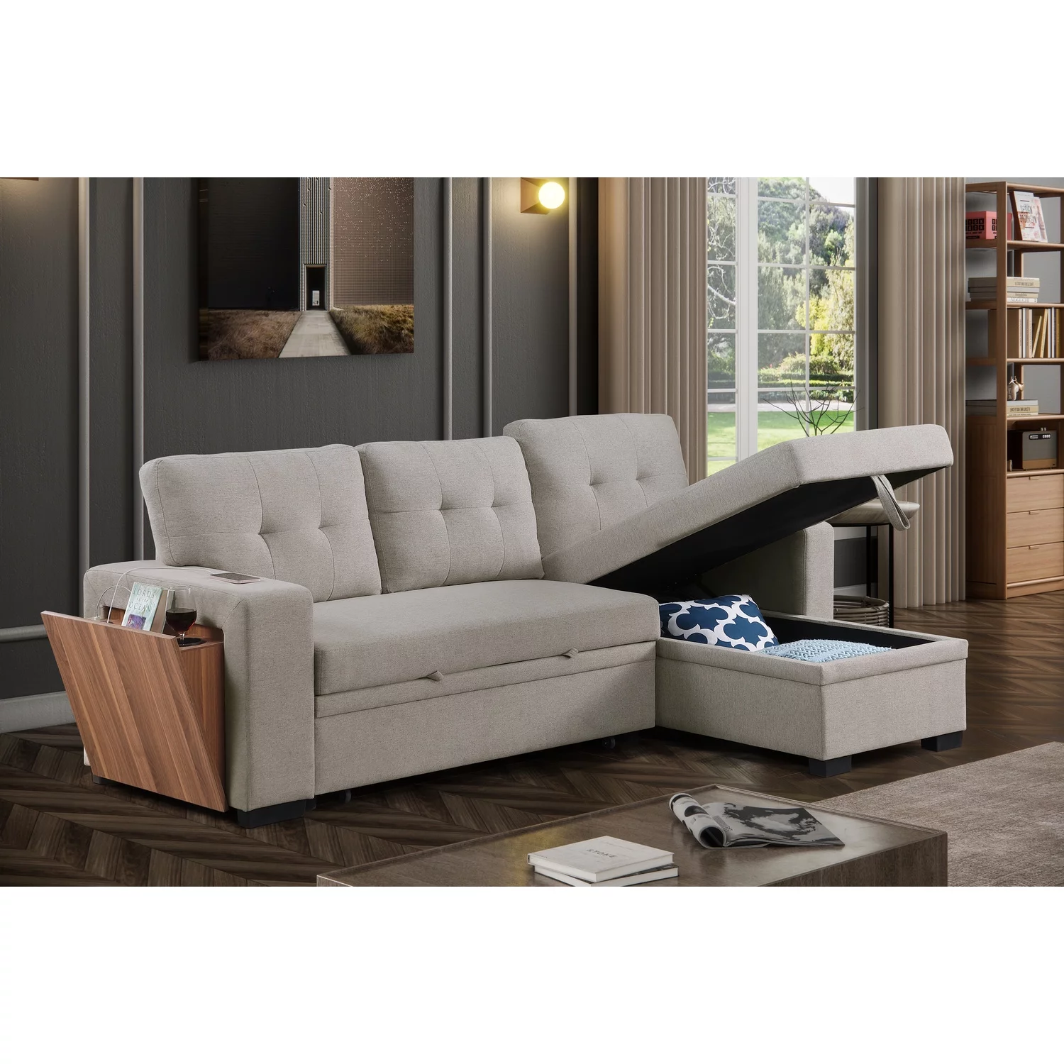 Devion Furniture Fabric Reversible Modern Side Compartment Sleeper Sectional Sofa Bed-Light Gray