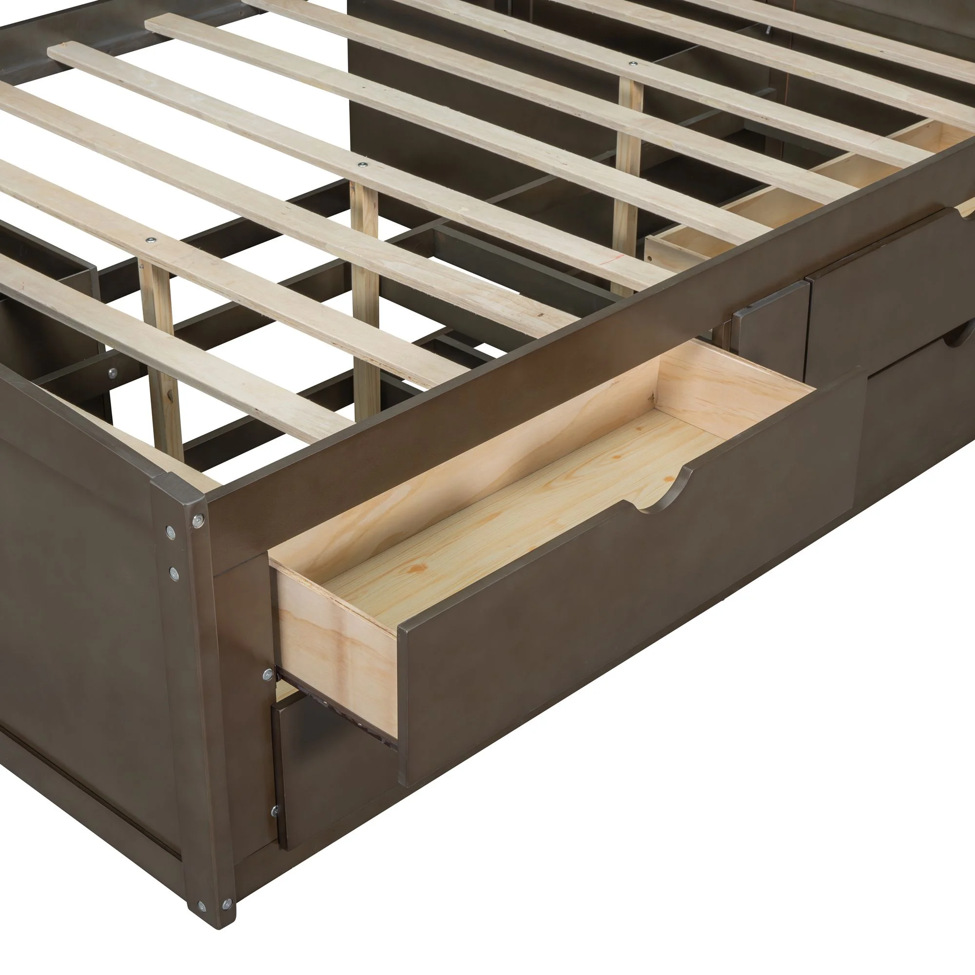 Full Size Solid Wood Bed Frame with 2 Bedside Cabinets, Upper Shelves and 4 Drawers, Platform Bed Frame, Mid Century Bedframe, Wood Daybed, Wood Foundation(Brown, Full)