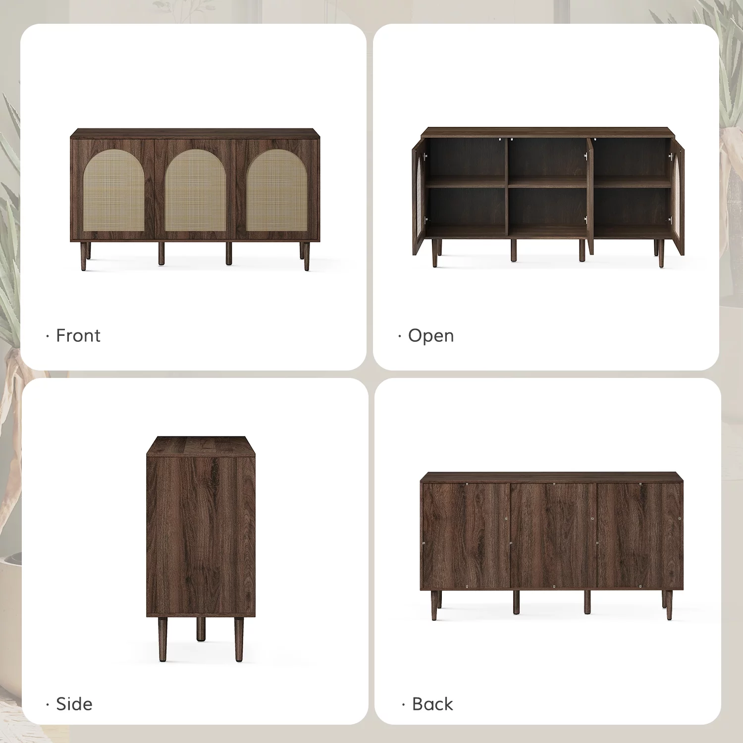 56'' Wood Rattan Arched 3 Doors Sideboard Buffet Cabinet Storage Credenza TV Stand Dining Metal Legs Home Kitchen Living Room Walnut