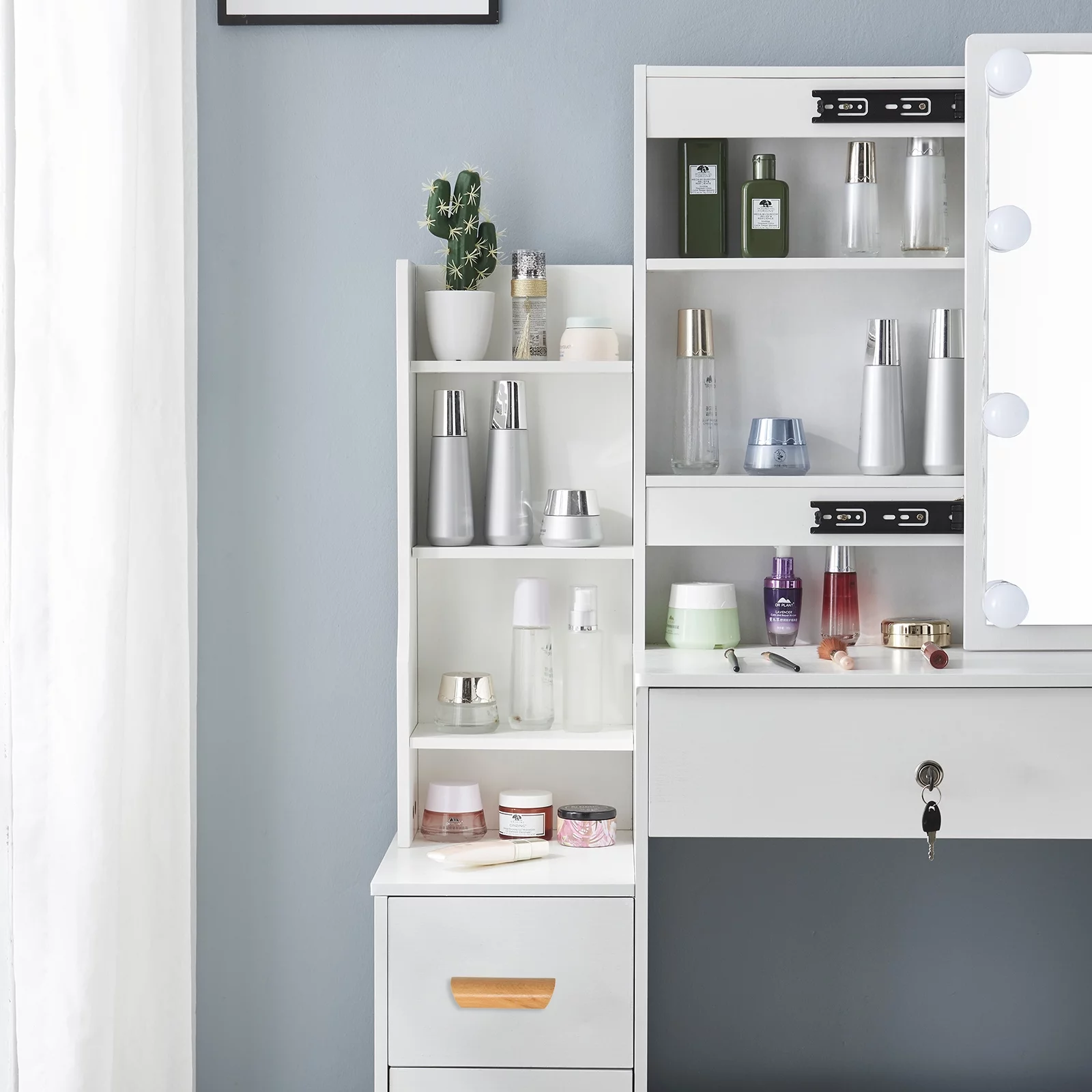 Yamissi Vanity Desk with Lighted Mirror, Makeup Dressing Table with Shelves & Drawers, Vanity Set with Mirror for Bedroom, White