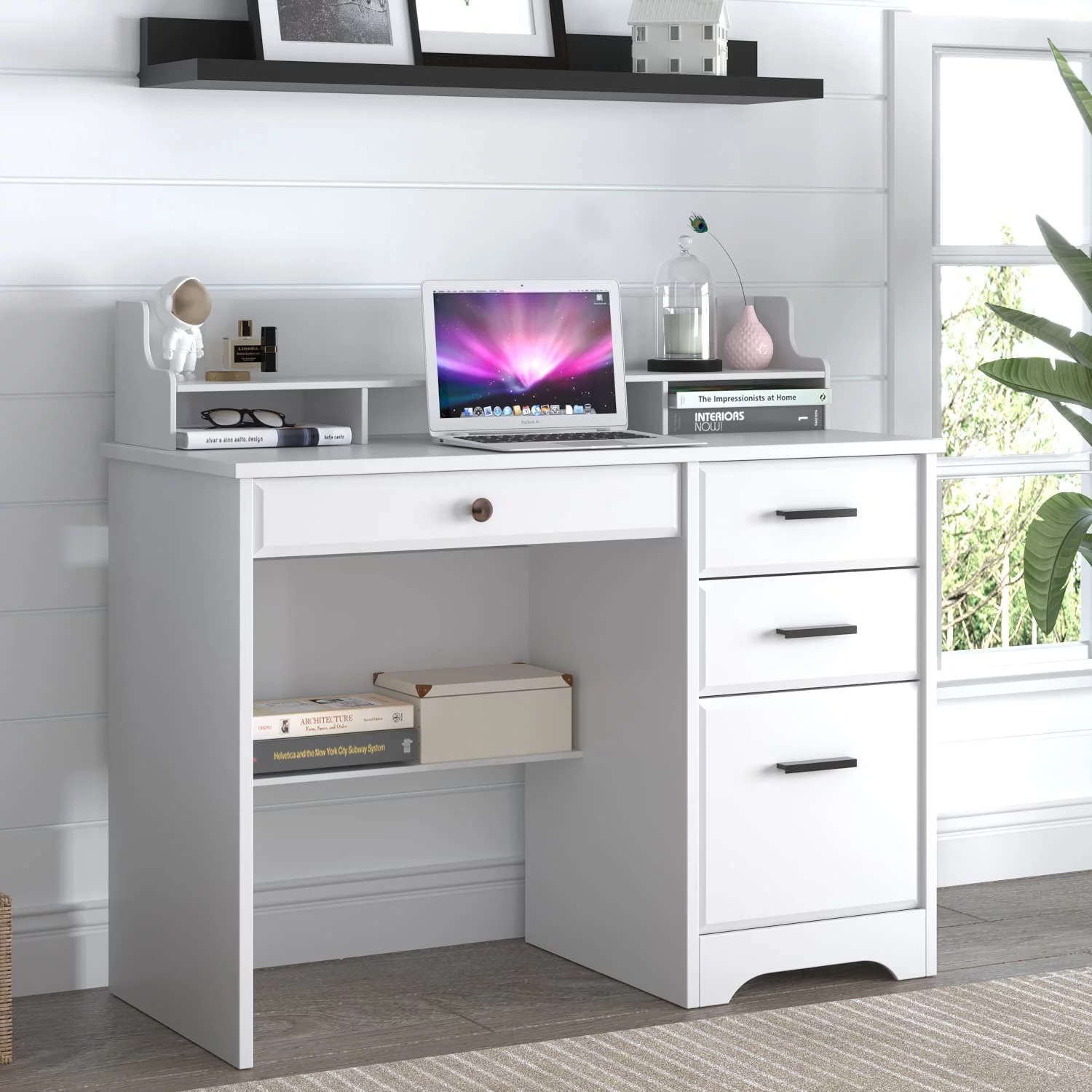 Computer Desk with Drawers, White Home Office Desk with Hutch, PC Desk Writing Table with Storage for Small Spaces, White
