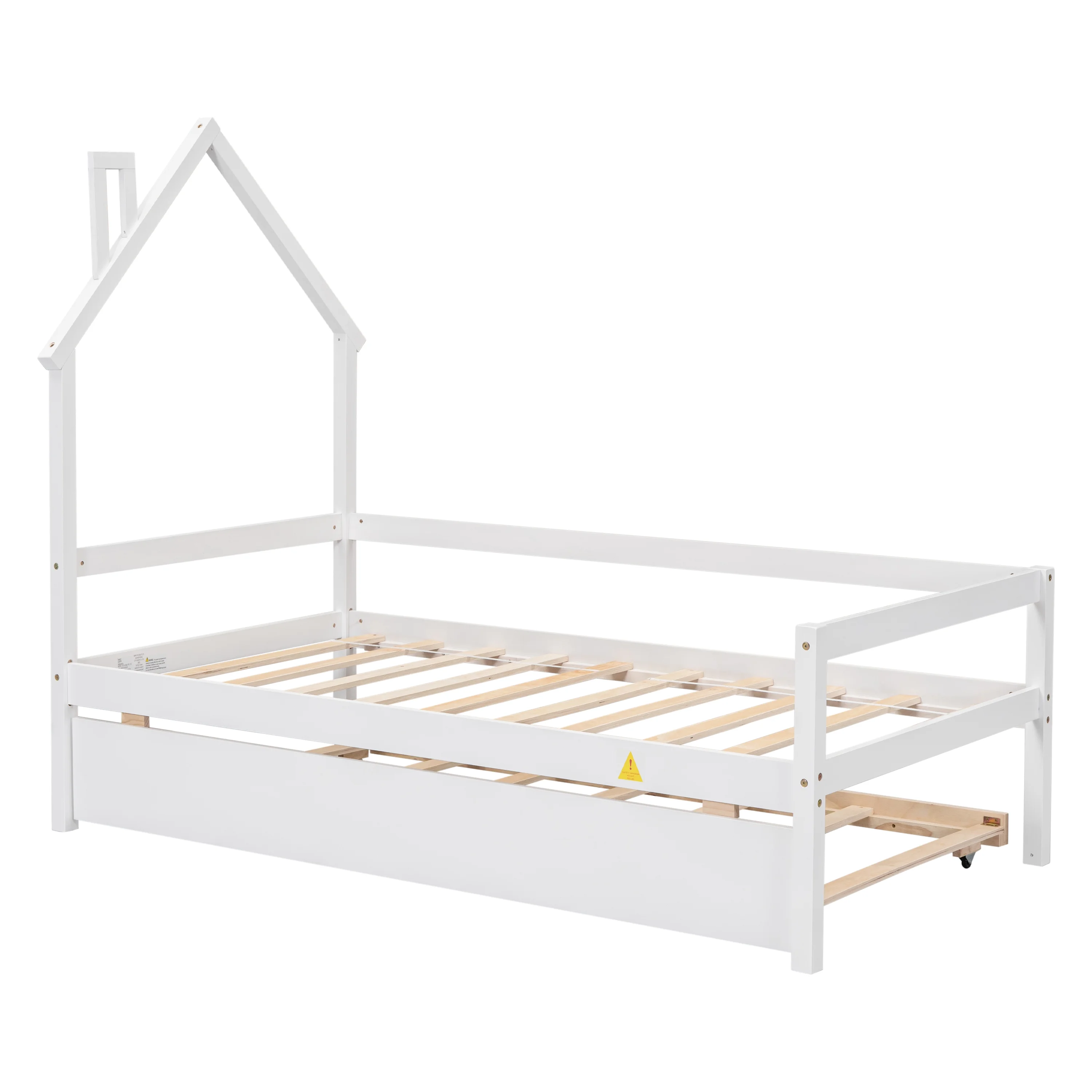 Bellemave Twin Size Daybed Bed with Trundle and House-shaped Headboard Twin Wood Platform Bed Frame with Guardrails Montessori House Bed for Kids, Toddlers, Boys, Girls, White