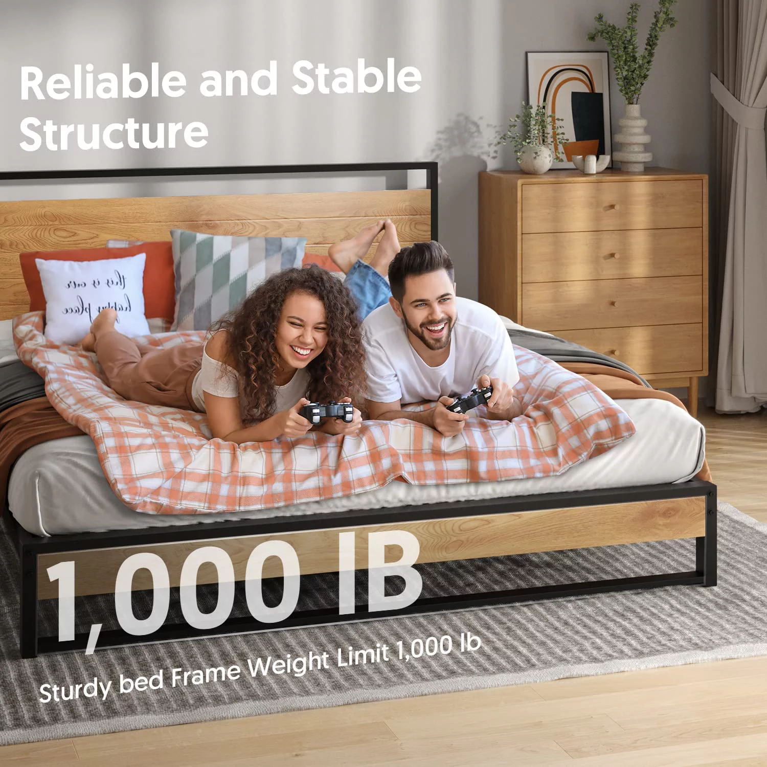 Metal Queen Size Platform Bed Frame with Wood Headboard/Footboard (Queen (U.S. Standard))