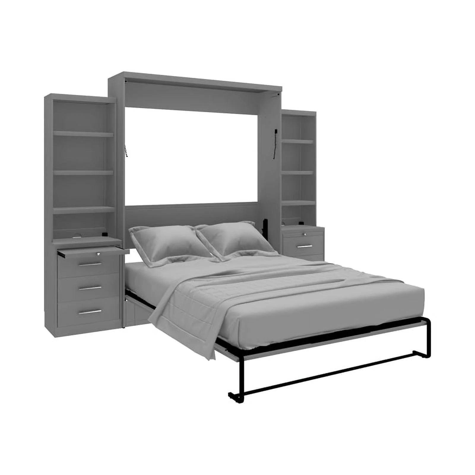 RoomAndLoft Queen Wood Murphy Wall Bed & 2 Shelf Storage Units in Gray