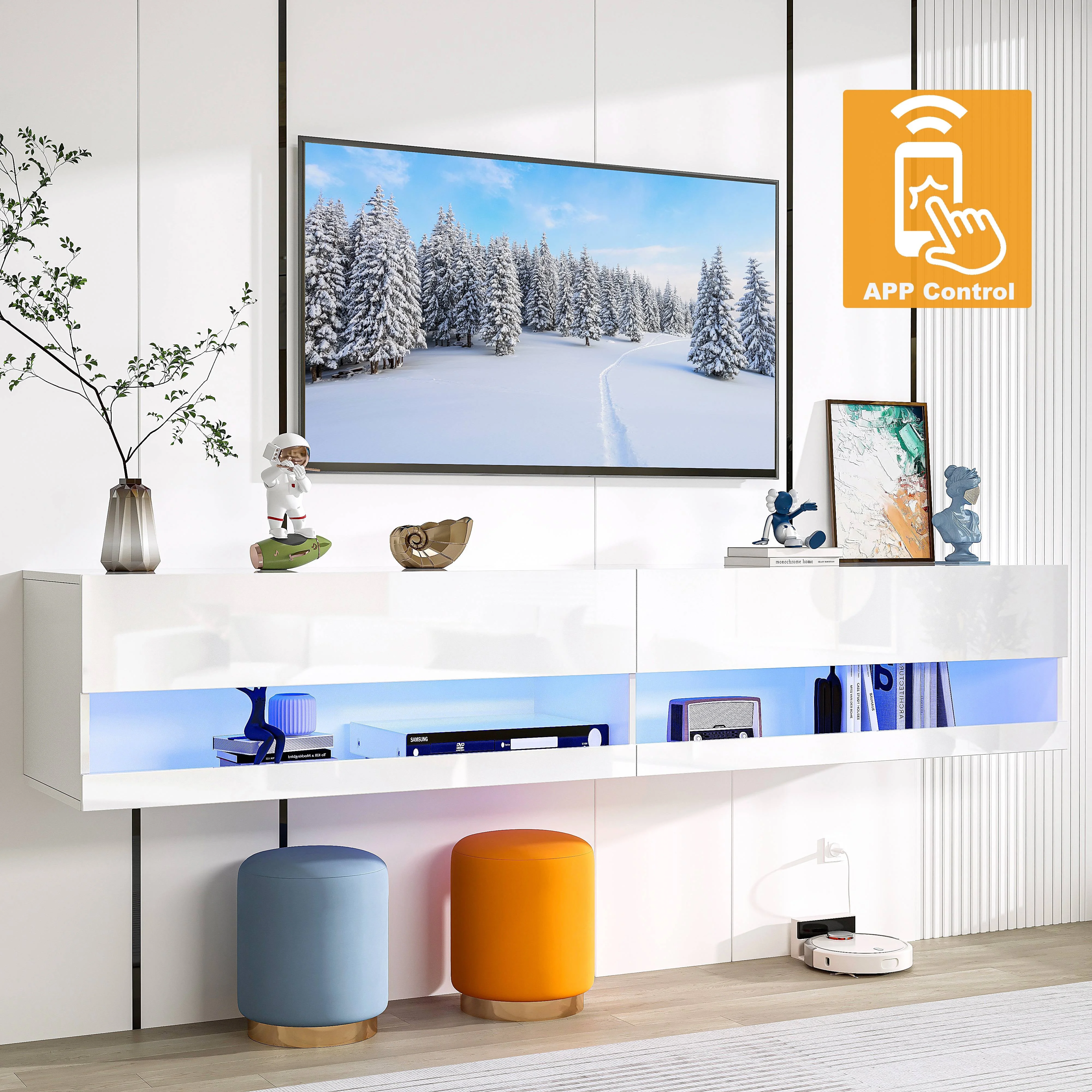 Floating TV Stand for 80 inch TVs, Paproos 71in Long LED Floating TV Cabinet, High Gloss Floating Entertainment Center with APP/Remote Control, Media Console Cabinet Living Room, White