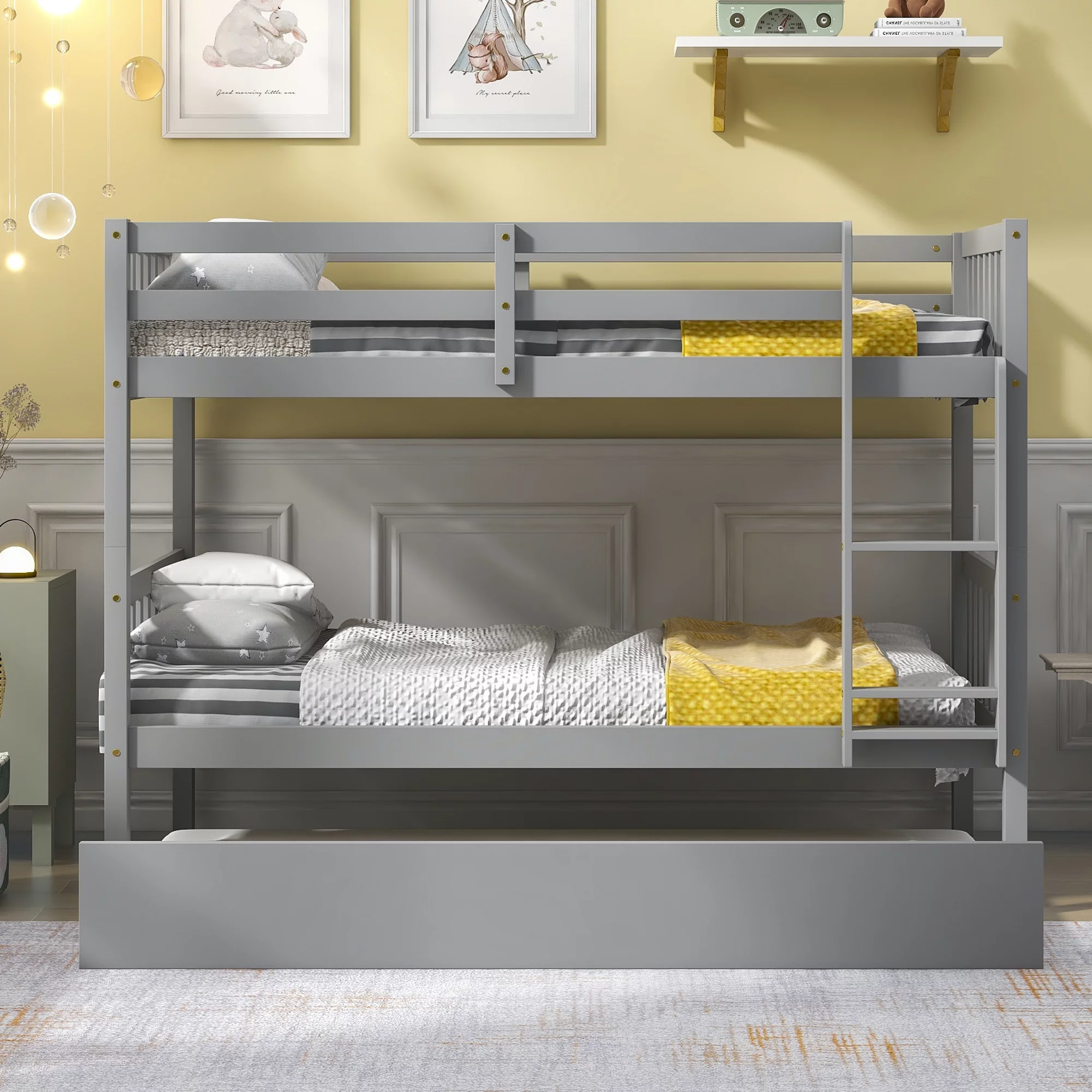 Bellemave Twin over Twin Bunk Bed with Trundle, Convertible Wood Bunk Bed with Ladder and Guardrails for 3 Kids, Teens, No Box Spring Needed (Gray)