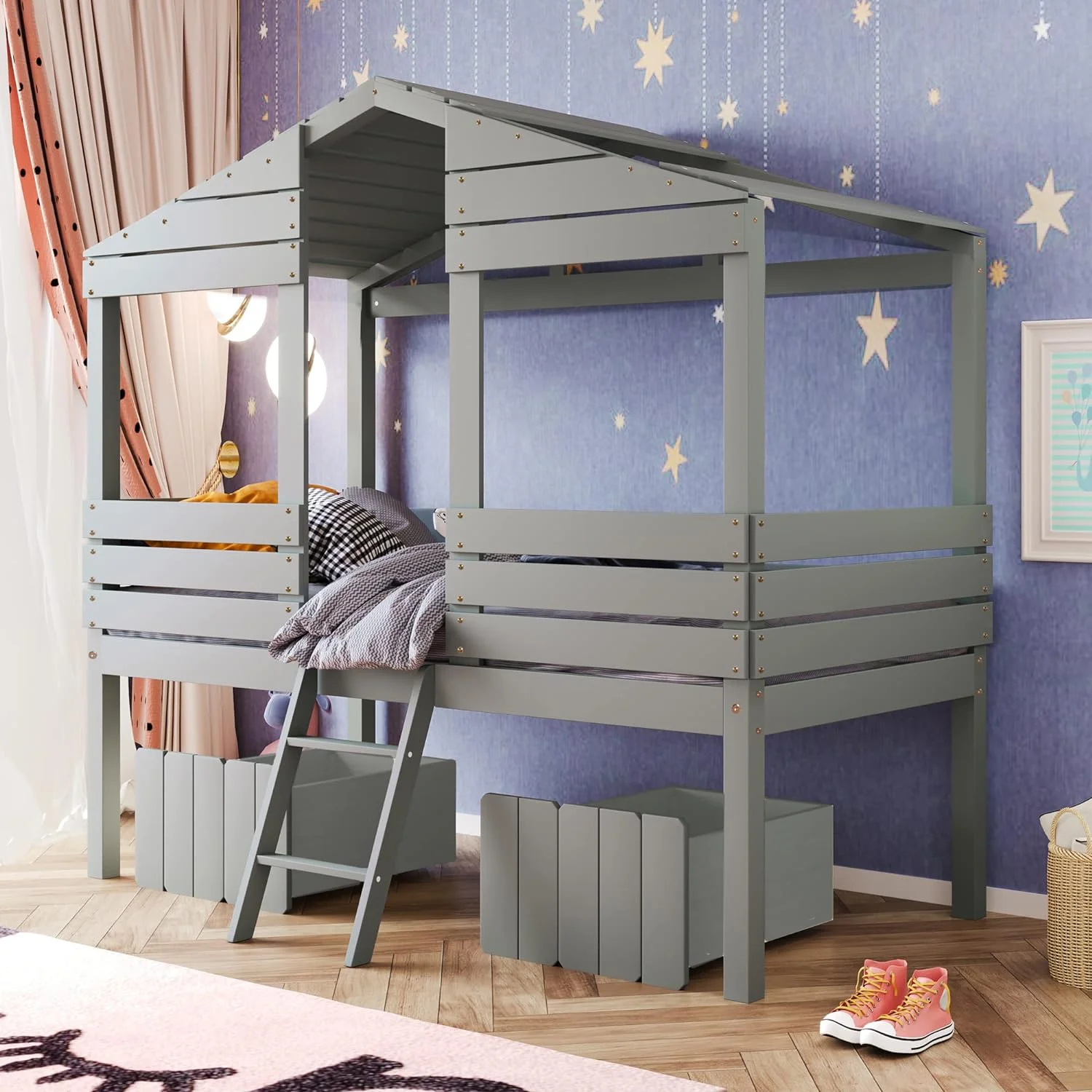 House Loft Bed For Kids,Wood House Loft Bed With Storage Drawers And Ladder, Low Loft Bedframe, Bedroom Furniture For Kids/Boys/Girls (Gray)