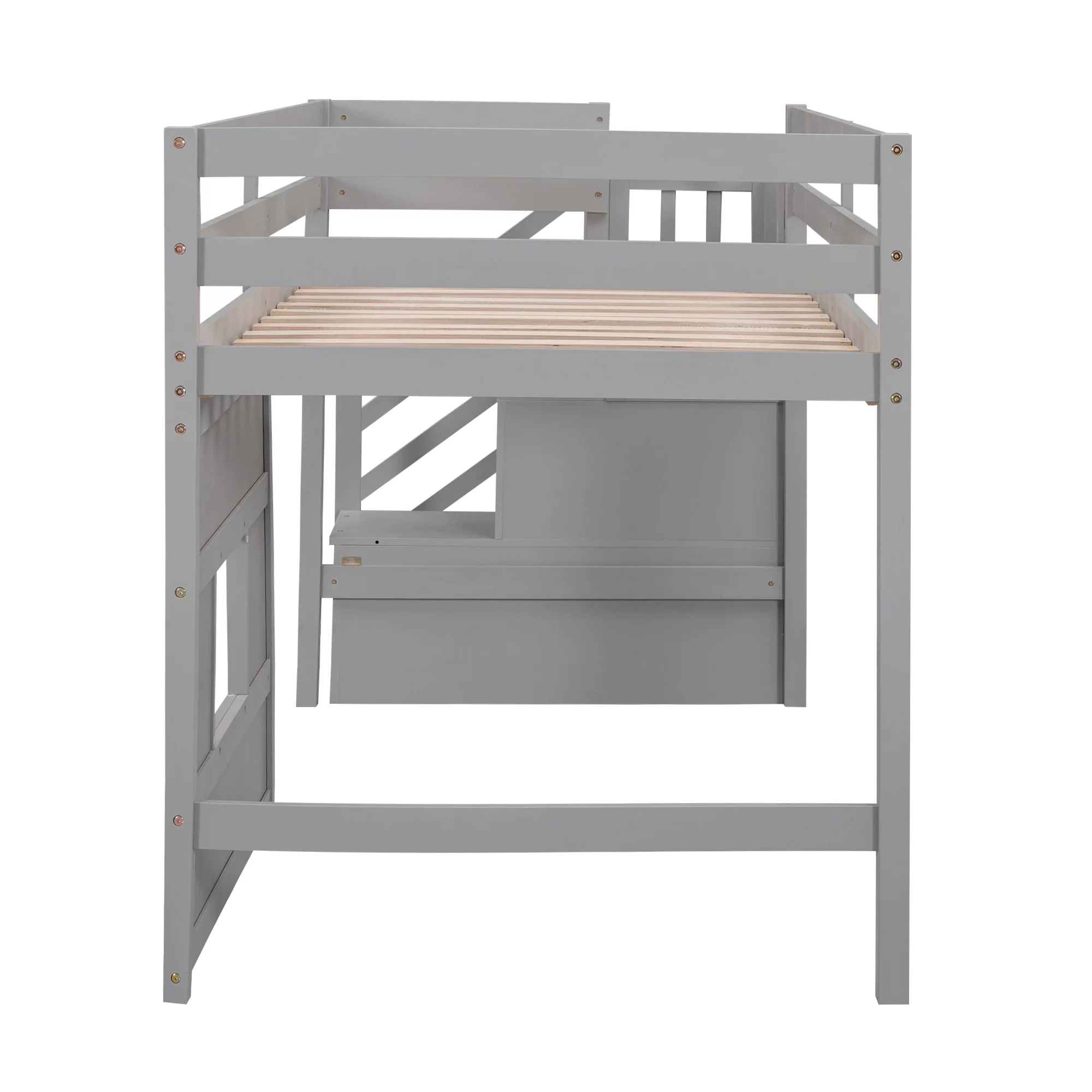 Bellemave Twin over Twin Size Loft bed with Underneath House & Strong Storage Staircases ,Solid Wood Twin Loft Bed with Full-Lengths Guardrails for Kids,Gray