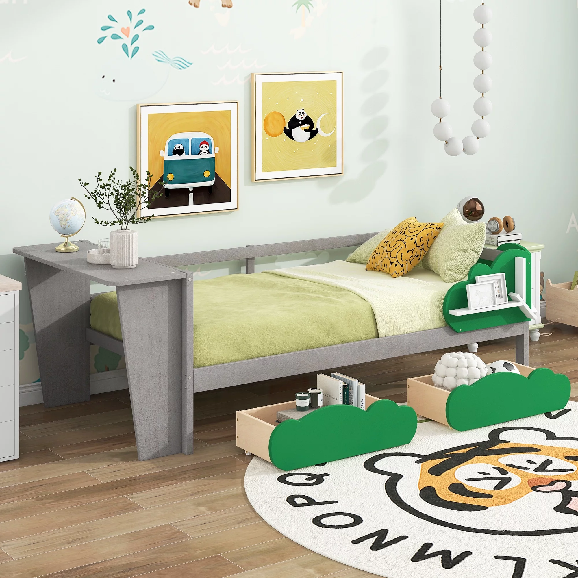 Churanty Twin Size Daybed with Storage Drawers and Desk,Wood Twin Bed Frame with Green Leaf Shape Shelves for Kids Bedroom,Gray