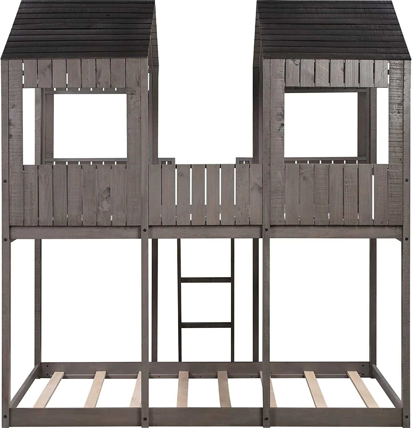 House Bed For Kids,Full Over Full House Bunk Bed With Roof, Window, Wood Full Size House Bed For Toddler, Teens, Girls, Boys,No Box Spring Needed,Antique Gray